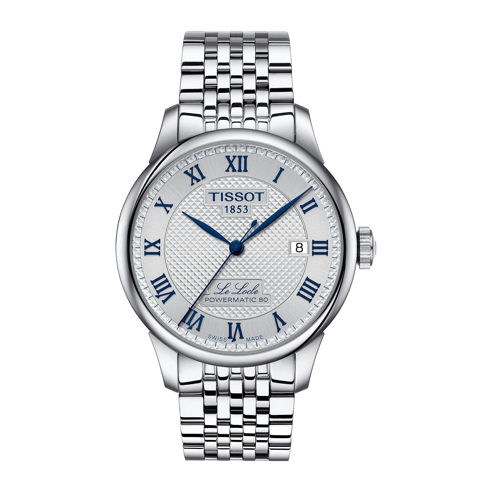 The Tissot Le Locle Powermatic 80 20th Anniversary is a silver automatic wristwatch with a metal bracelet, white textured dial, blue Roman numerals, and a date window at 3 o’clock.