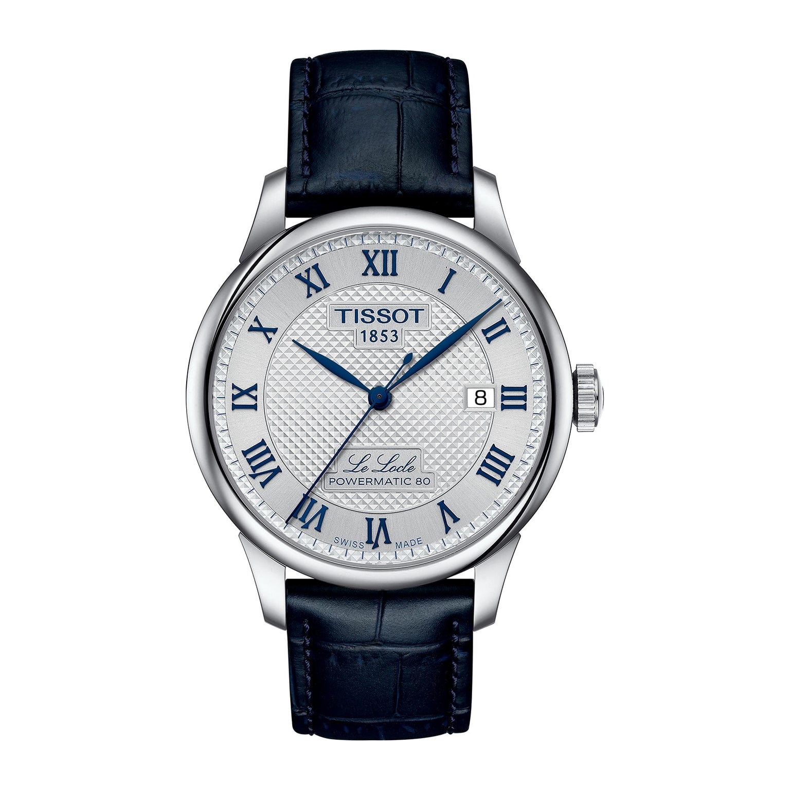 Tissot Le Locle Powermatic 80 20th Anniversary wristwatch with blue Roman numerals and hands, black leather strap, and date display.