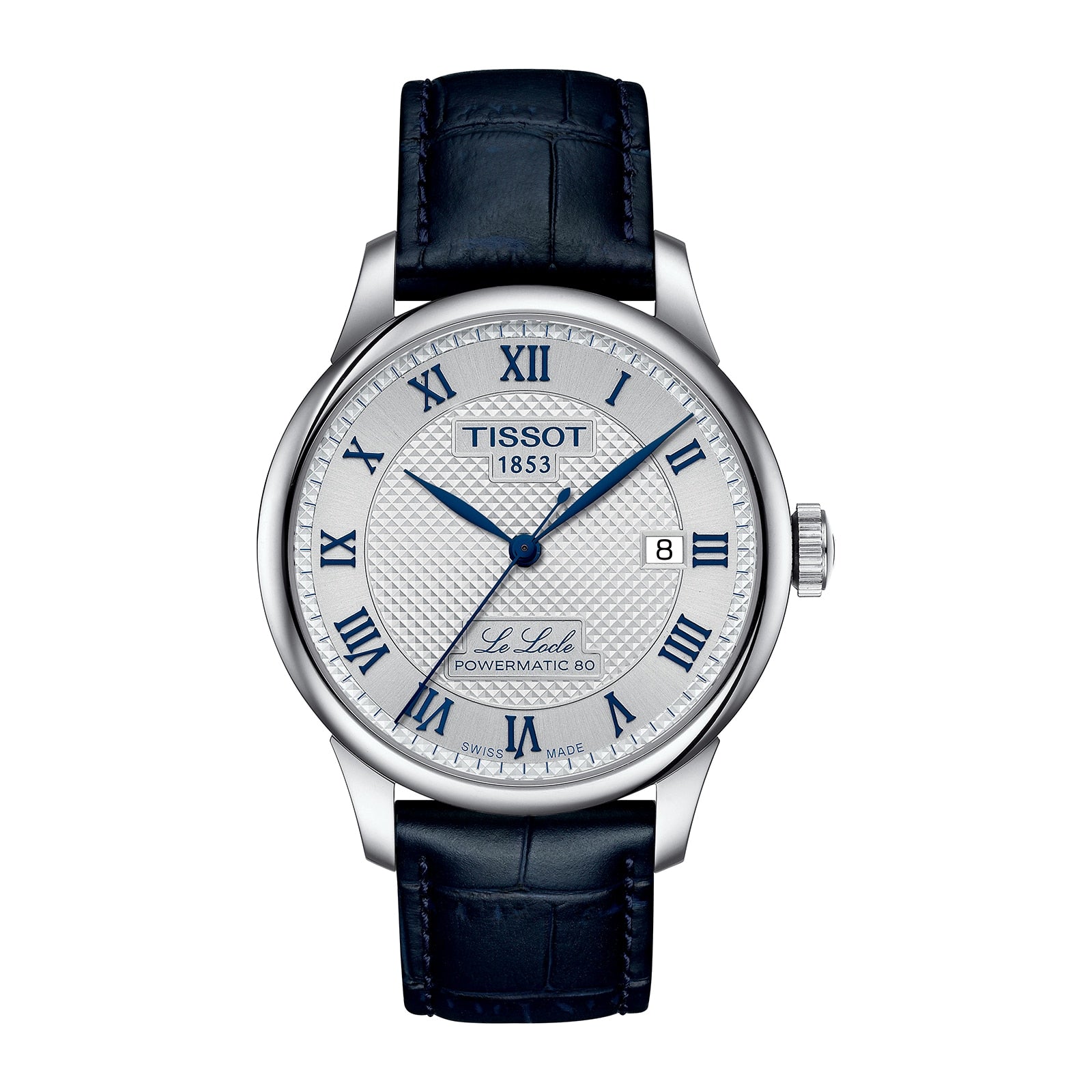 Tissot Le Locle Powermatic 80 20th Anniversary wristwatch with blue Roman numerals and hands, black leather strap, and date display.