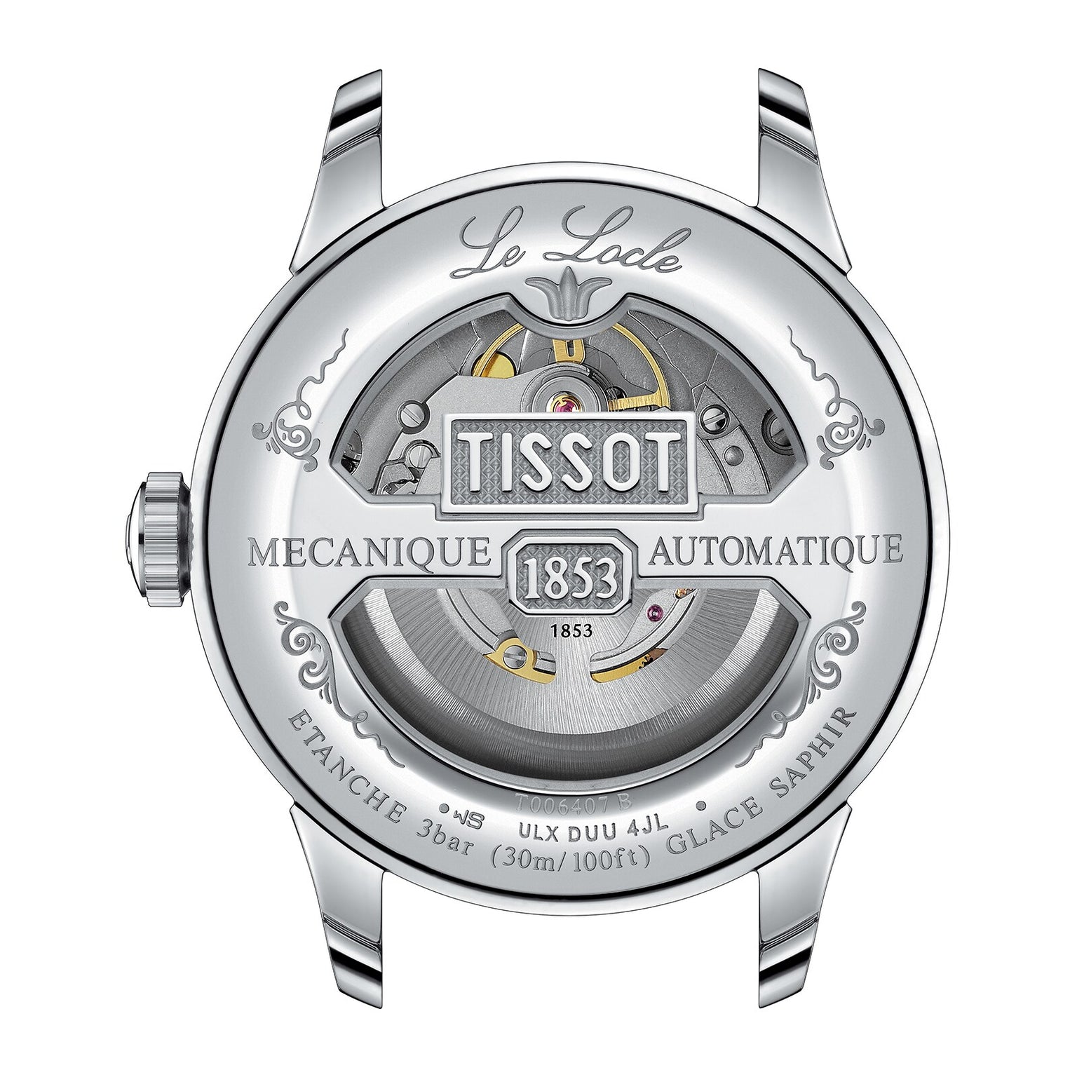 Back view of the Tissot Le Locle Powermatic 80 20th Anniversary watch, showcasing its automatic movement, engraved details, and intricate components through a transparent case back.