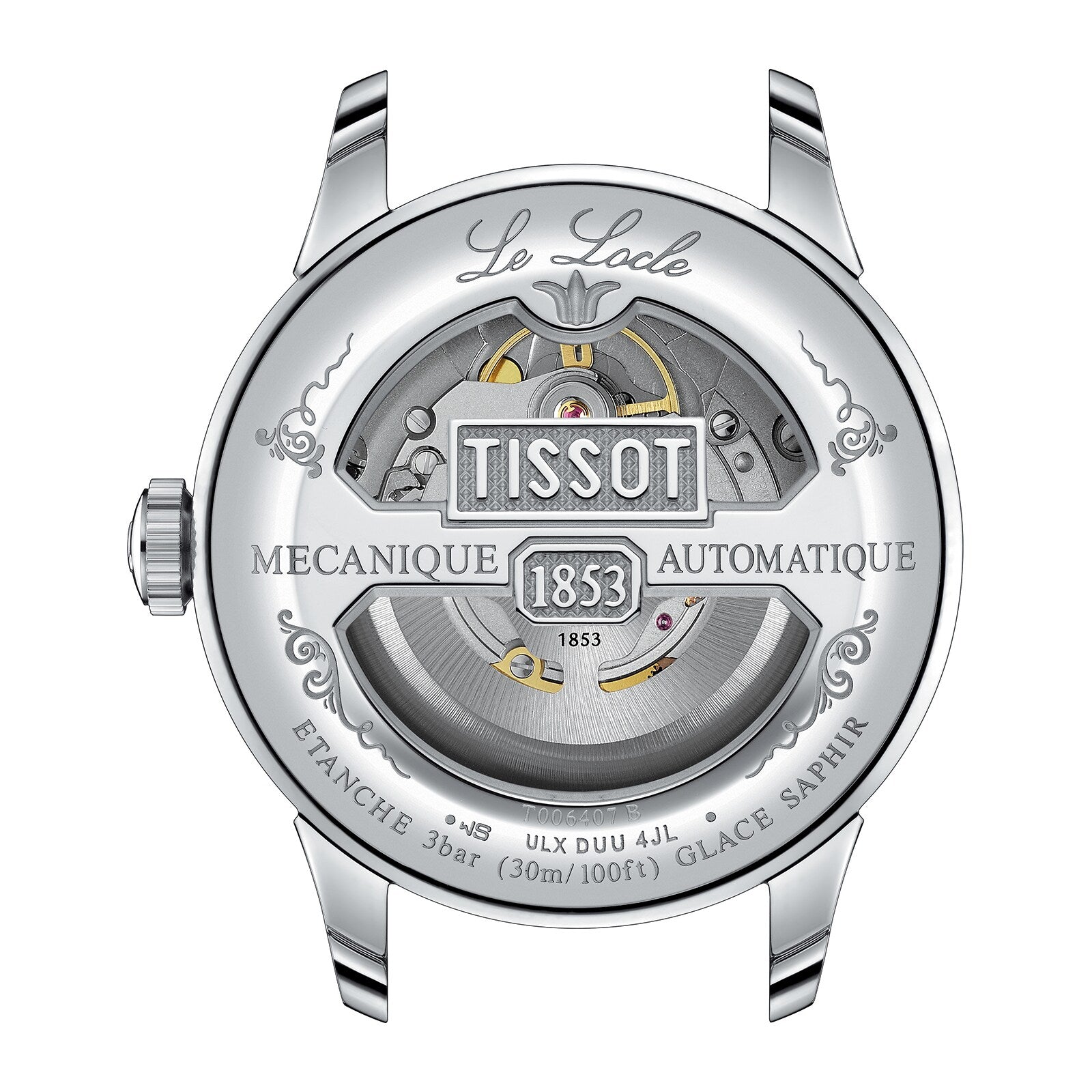 Back view of the Tissot Le Locle Powermatic 80 20th Anniversary watch, showcasing its automatic movement, engraved details, and intricate components through a transparent case back.