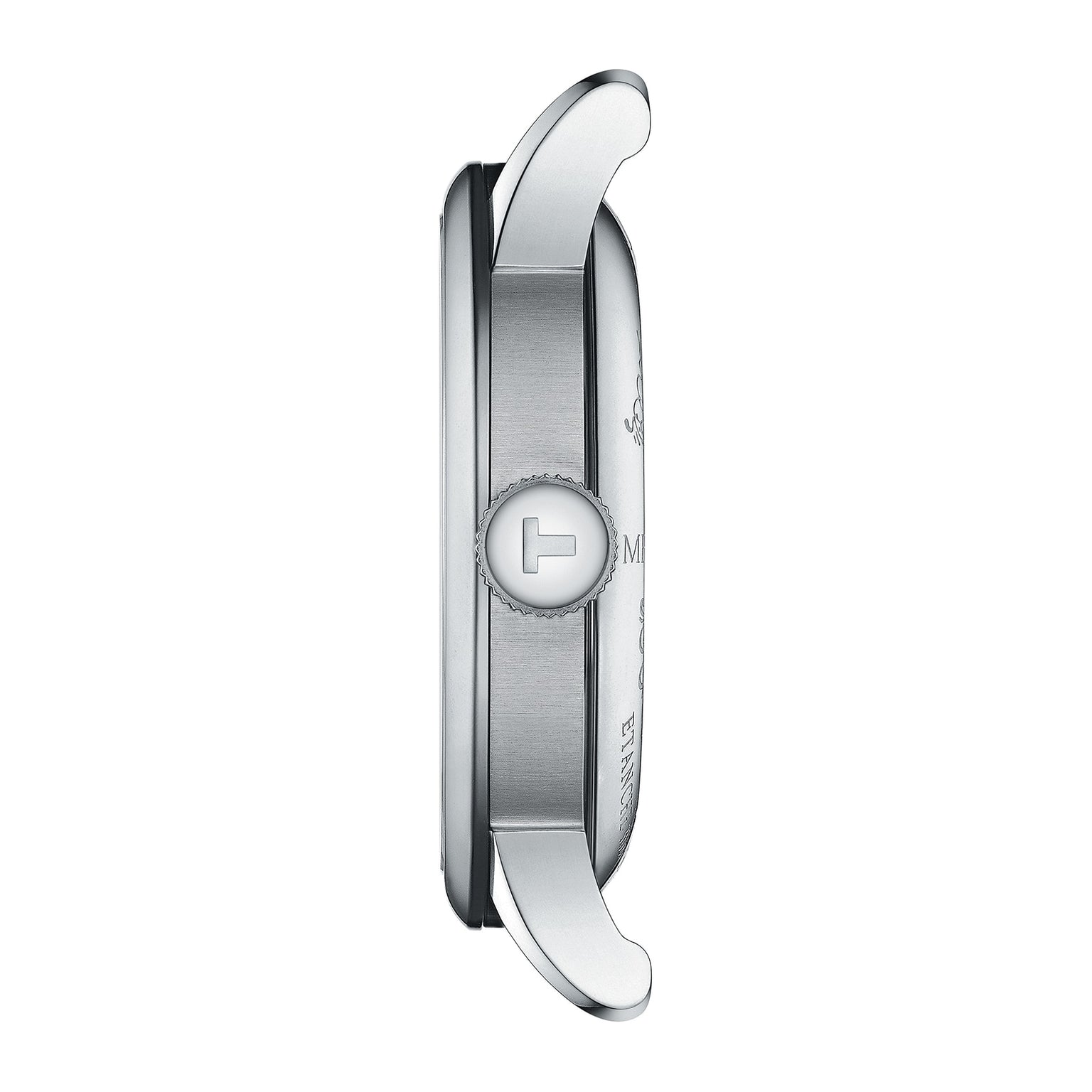 Side view of a silver Tissot Le Locle Powermatic 80 20th Anniversary watch case with a T-shaped crown and curved lugs, highlighting its refined design, isolated on a white background.