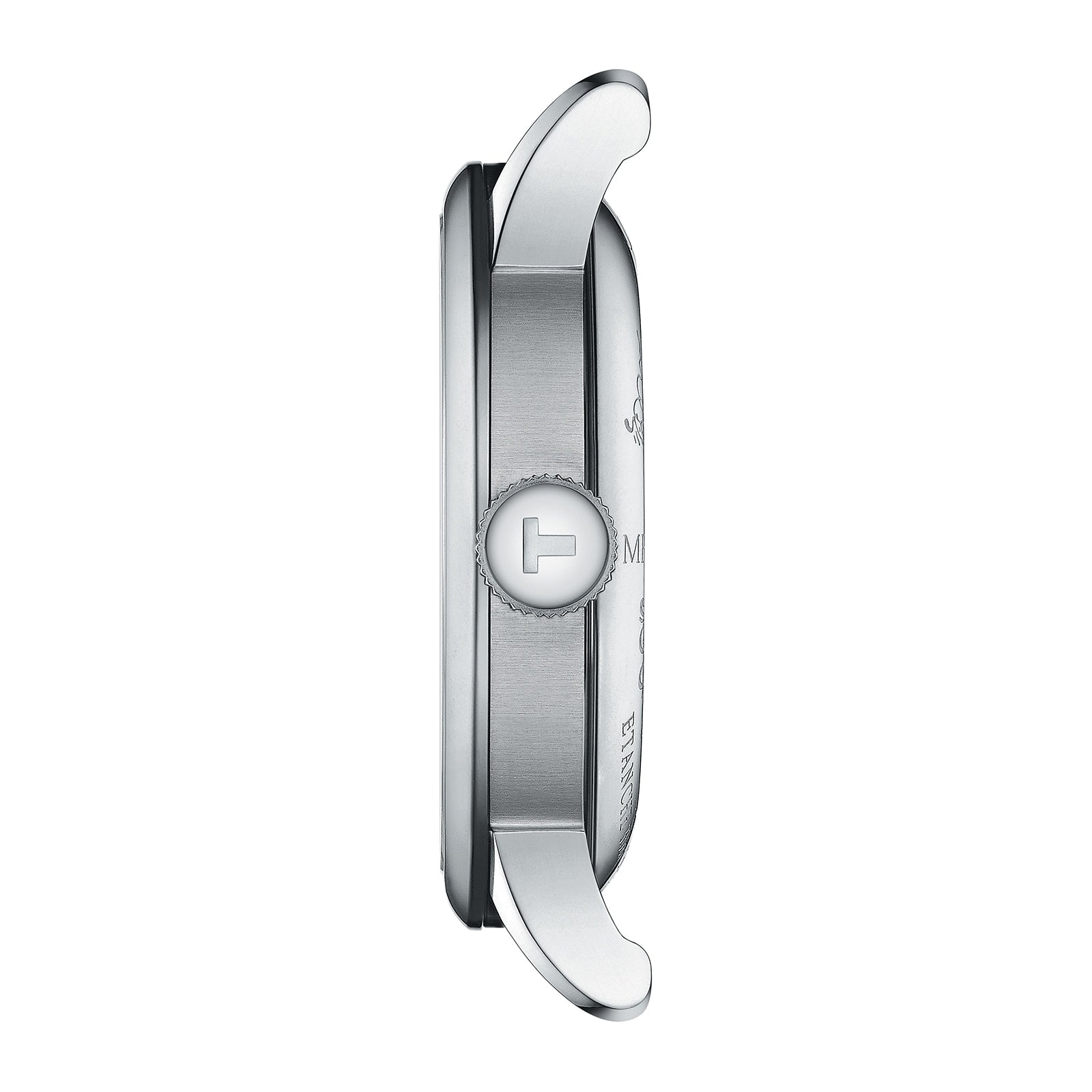 Side view of a silver Tissot Le Locle Powermatic 80 20th Anniversary watch case with a T-shaped crown and curved lugs, highlighting its refined design, isolated on a white background.