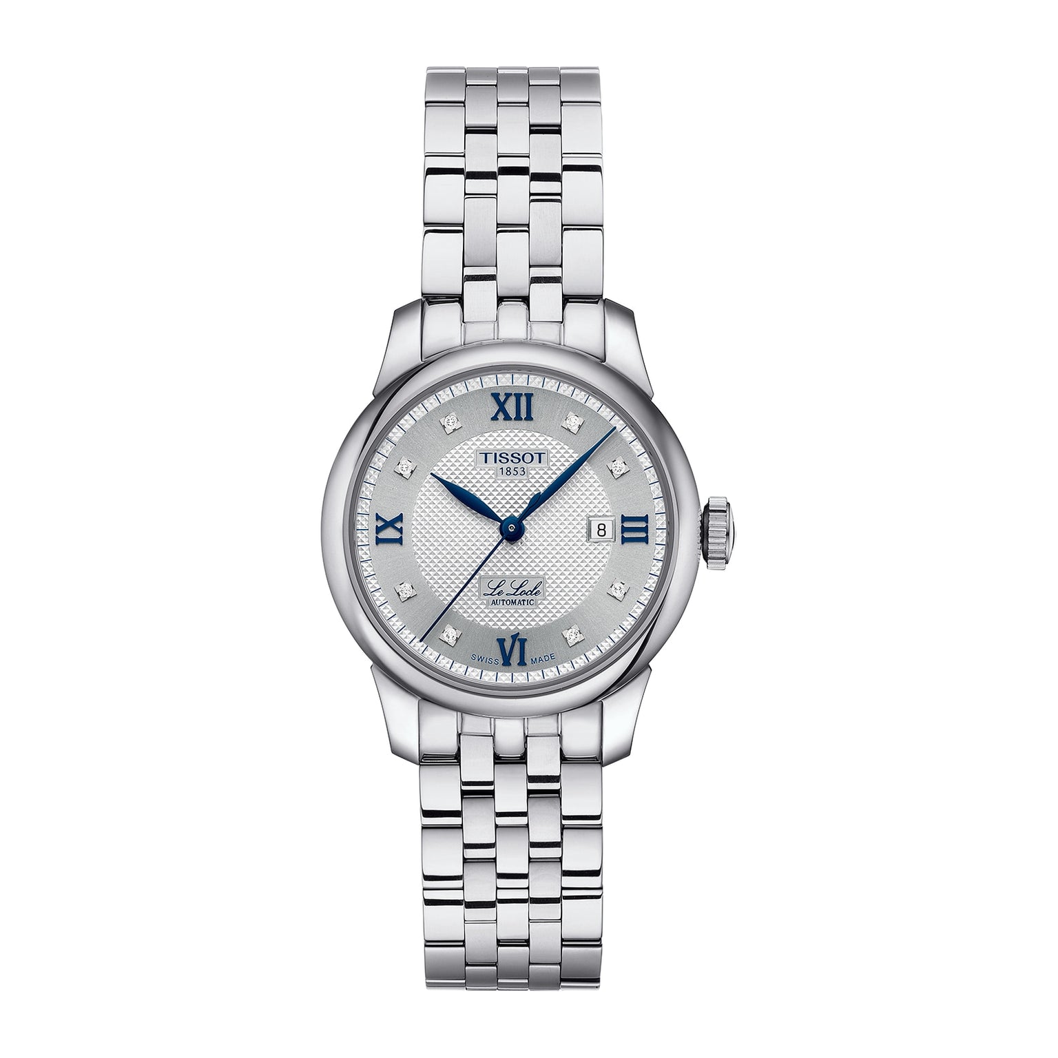 The Tissot Le Locle Automatic 20th Anniversary is a stainless steel wristwatch with an automatic movement, silver patterned dial, blue Roman numeral markers, date at 3 o’clock, and linked bracelet.