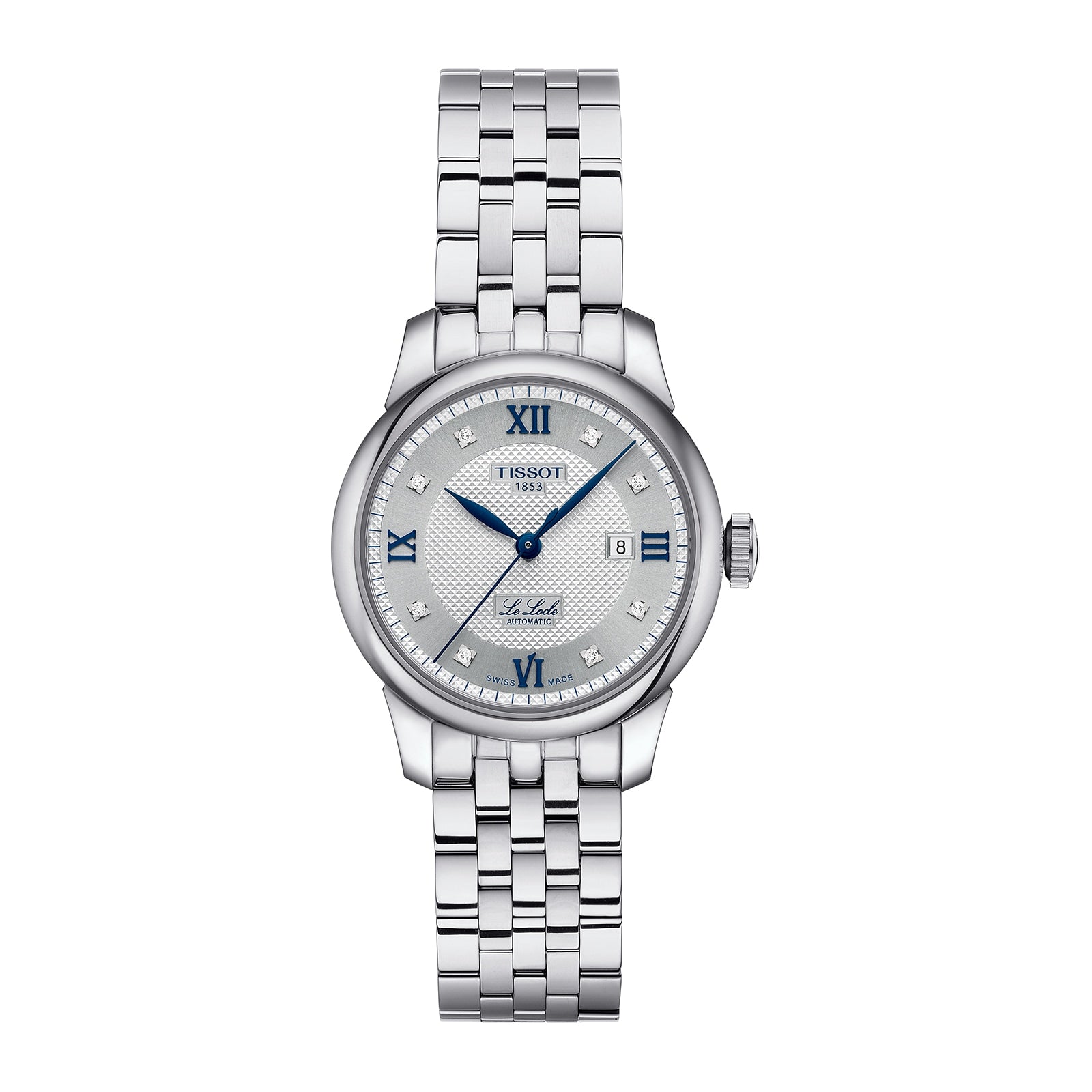 The Tissot Le Locle Automatic 20th Anniversary is a stainless steel wristwatch with an automatic movement, silver patterned dial, blue Roman numeral markers, date at 3 o’clock, and linked bracelet.