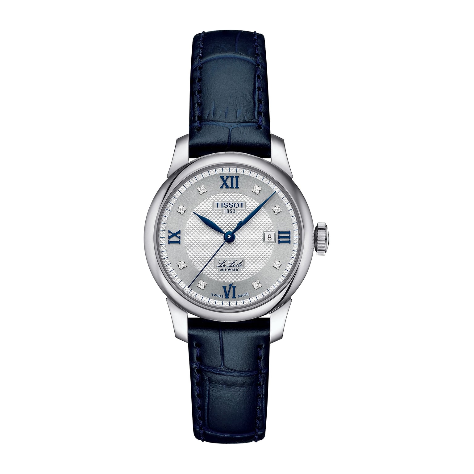 The Tissot Le Locle Automatic 20th Anniversary watch features a silver case, white textured dial, blue Roman numerals and hands, automatic movement, date display at 3 o’clock, and a dark blue leather strap.