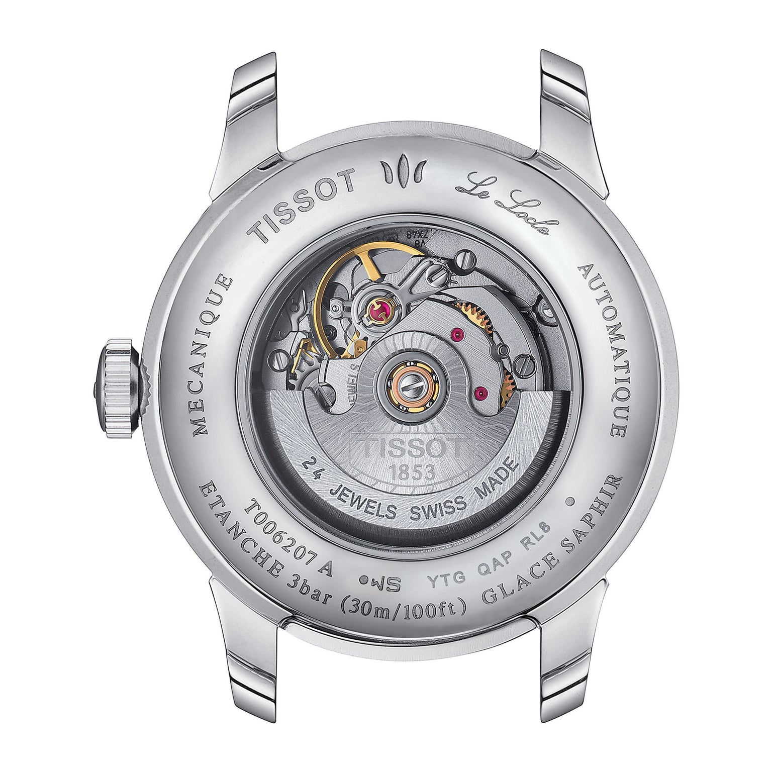 Close-up of the back of the Tissot Le Locle Automatic 20th Anniversary watch, showcasing its exposed automatic movement and engraved case specifications.