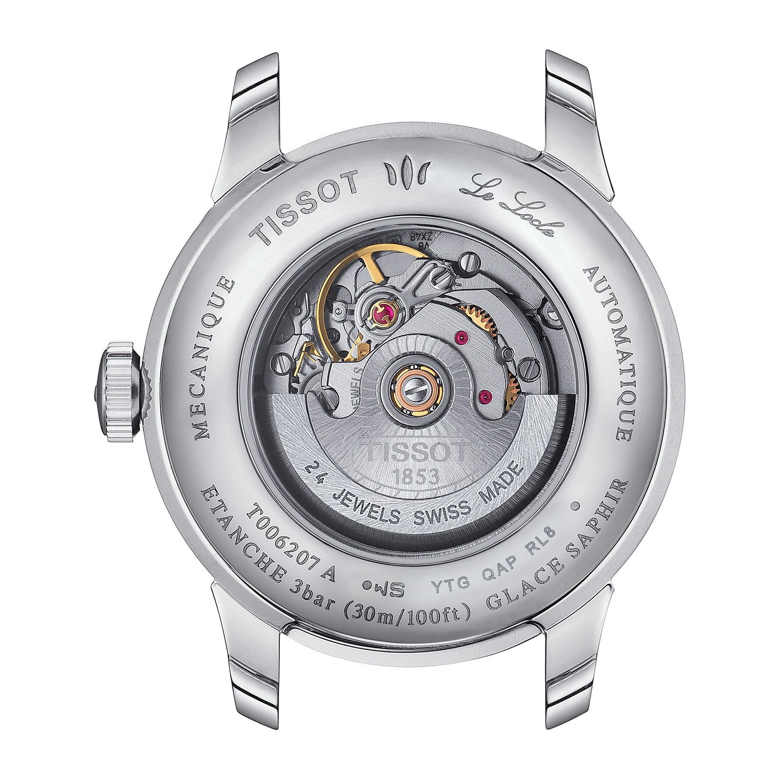 Close-up of the back of the Tissot Le Locle Automatic 20th Anniversary watch, showcasing its exposed automatic movement and engraved case specifications.