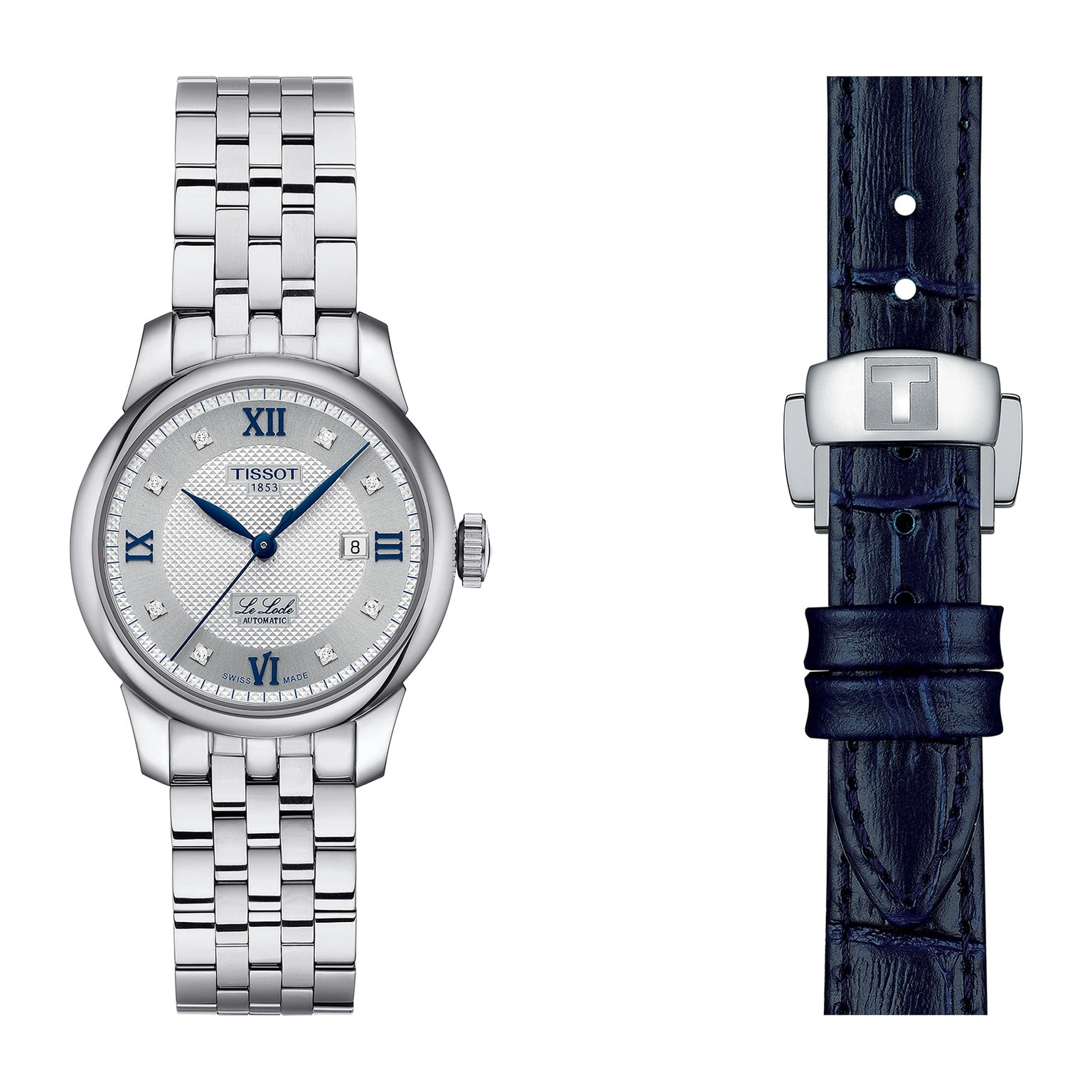 The Tissot Le Locle Automatic 20th Anniversary watch features a silver metal link band and round face, displayed next to an additional dark blue leather strap with clasp.