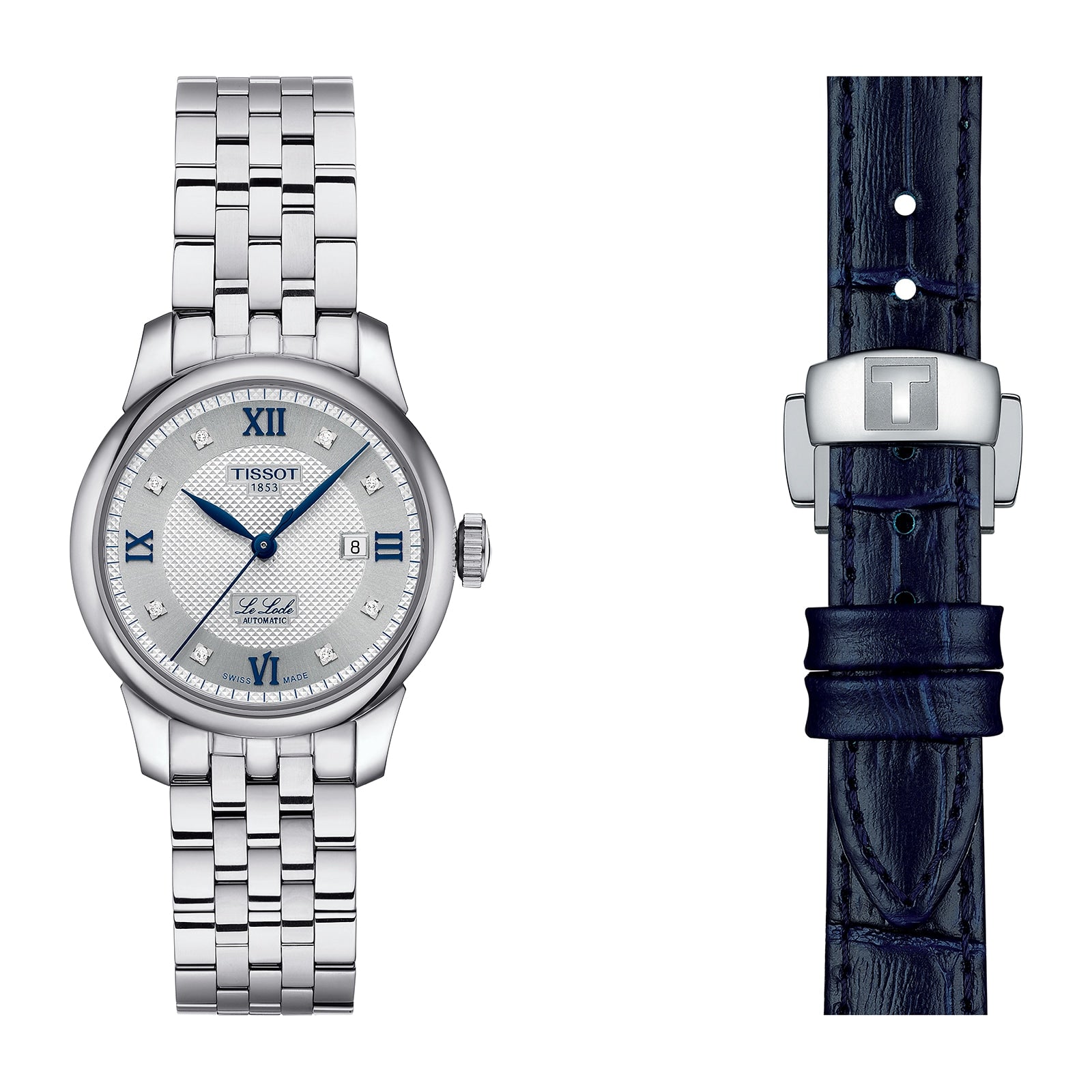 The Tissot Le Locle Automatic 20th Anniversary watch features a silver metal link band and round face, displayed next to an additional dark blue leather strap with clasp.