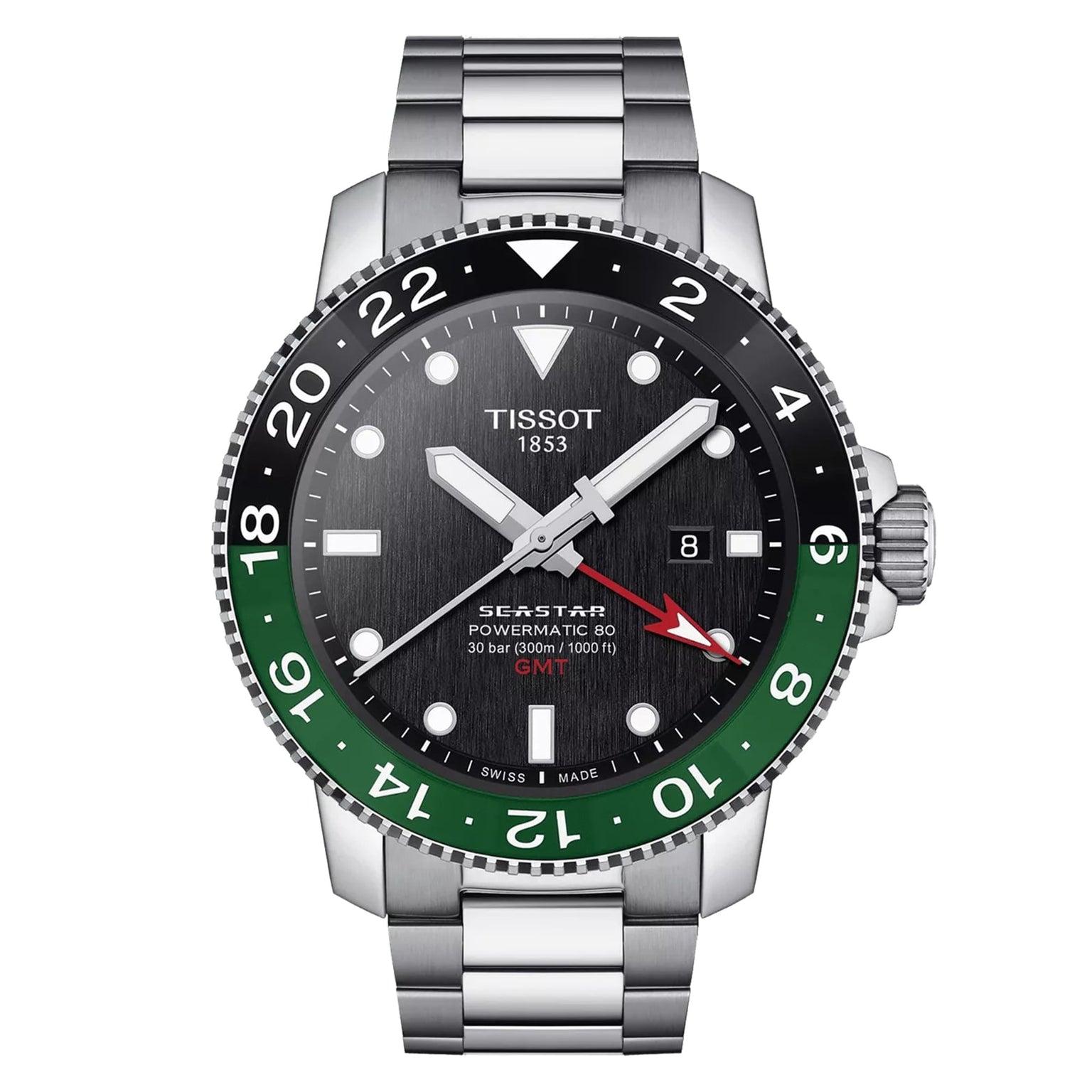 The Tissot Seastar 1000 Powermatic 80 GMT features a stainless steel band, black and green bezel, black dial, date display, GMT hand, and water-resistant sapphire crystal.