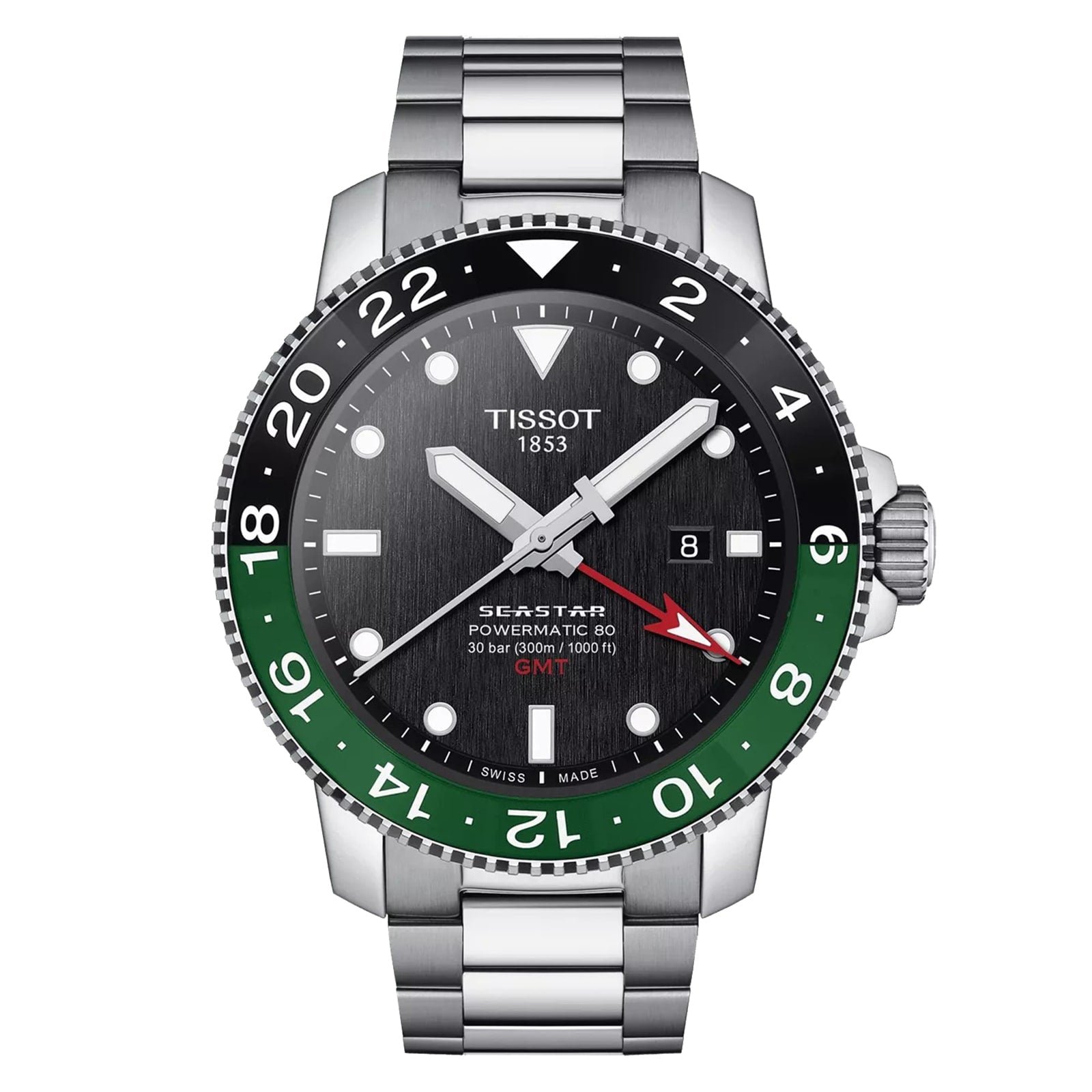 The Tissot Seastar 1000 Powermatic 80 GMT features a stainless steel band, black and green bezel, black dial, date display, GMT hand, and water-resistant sapphire crystal.