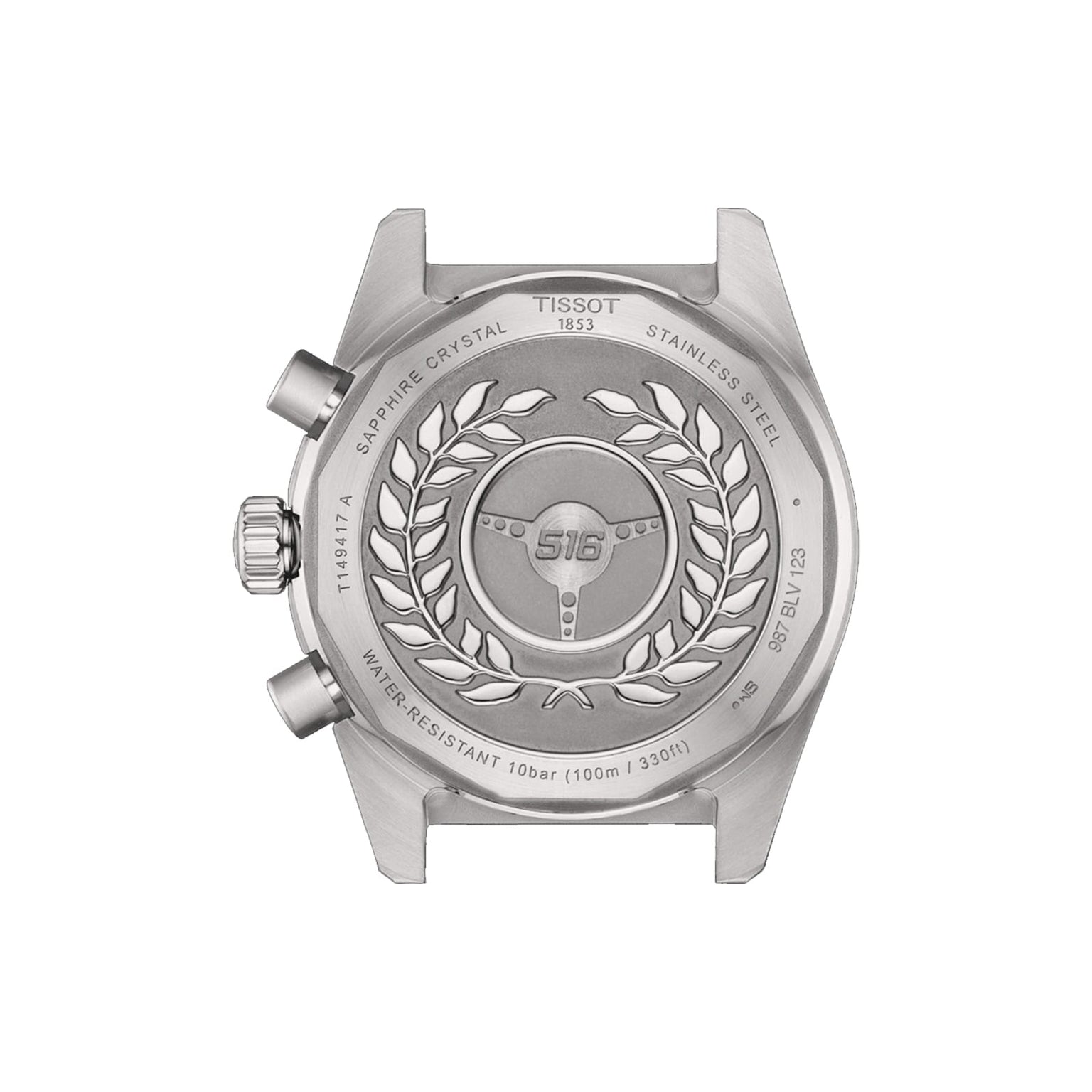 Back view of the Tissot PR516 Chronograph, showcasing the 516 logo, laurel wreath, water resistance details, sapphire crystal marking, model numbers, and a note on Quartz G10.212 Powerdrive movement engraved on its stainless steel case.