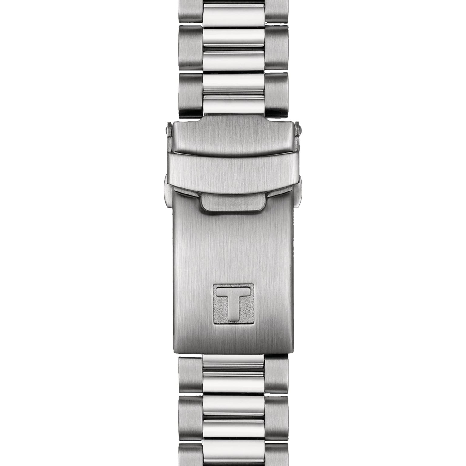 Close-up of the Tissot PR516 Chronographs stainless steel bracelet with a deployment clasp, featuring an engraved Tissot T on the clasp.