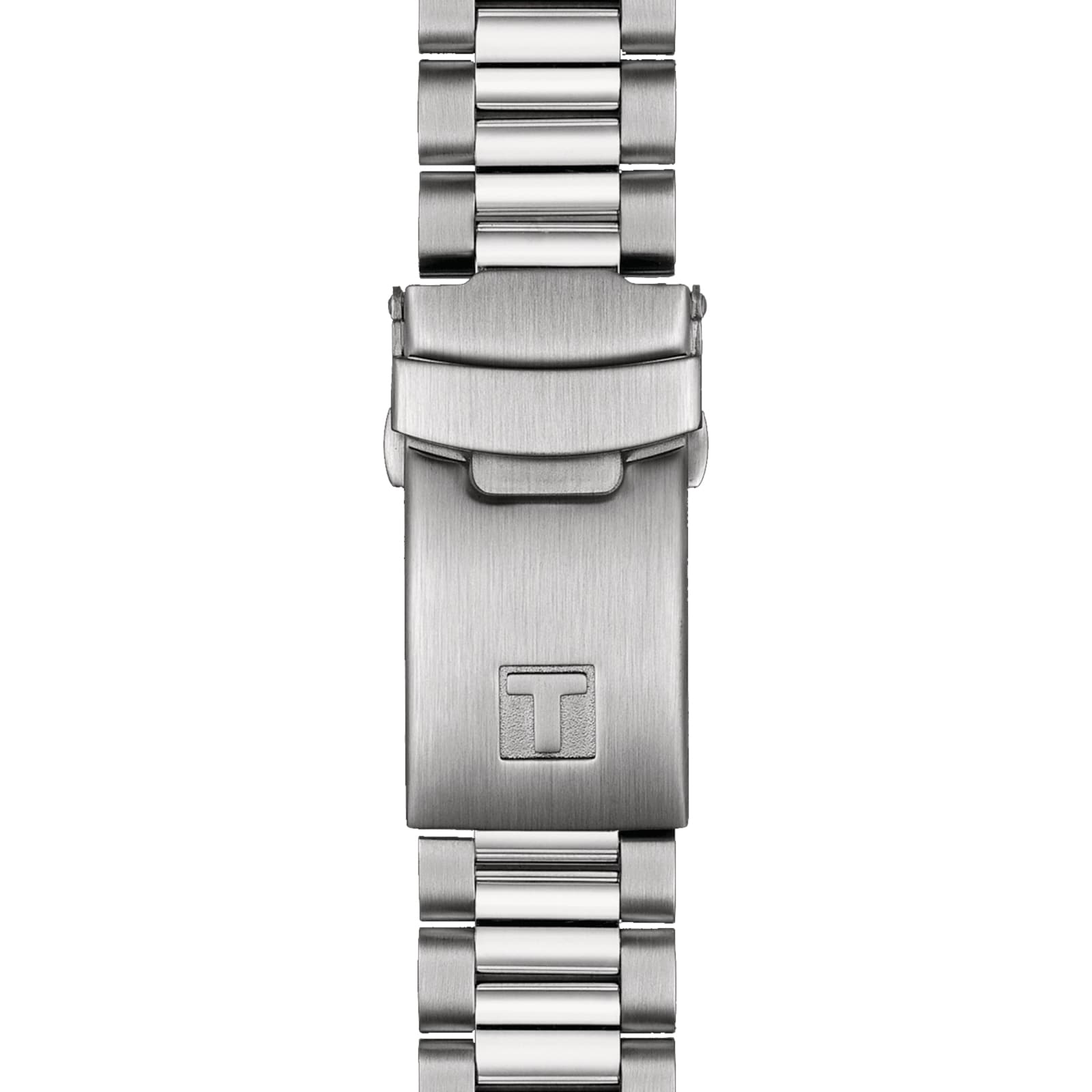 Close-up of the Tissot PR516 Chronographs stainless steel bracelet with a deployment clasp, featuring an engraved Tissot T on the clasp.