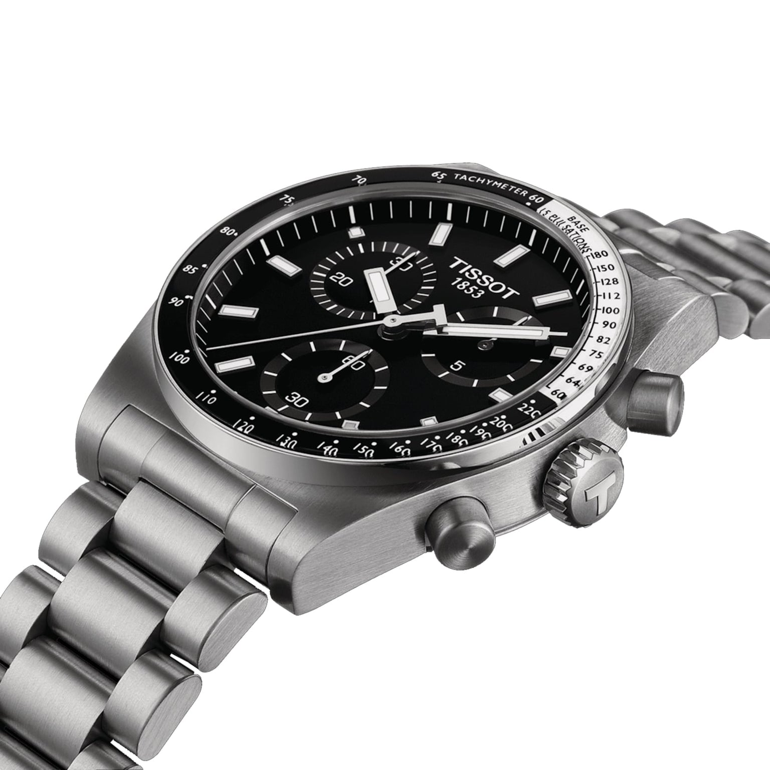 The Tissot PR516 Chronograph, featuring a black dial with silver indices, a stainless steel case, tachymeter bezel, and metal bracelet, is displayed at an angle.
