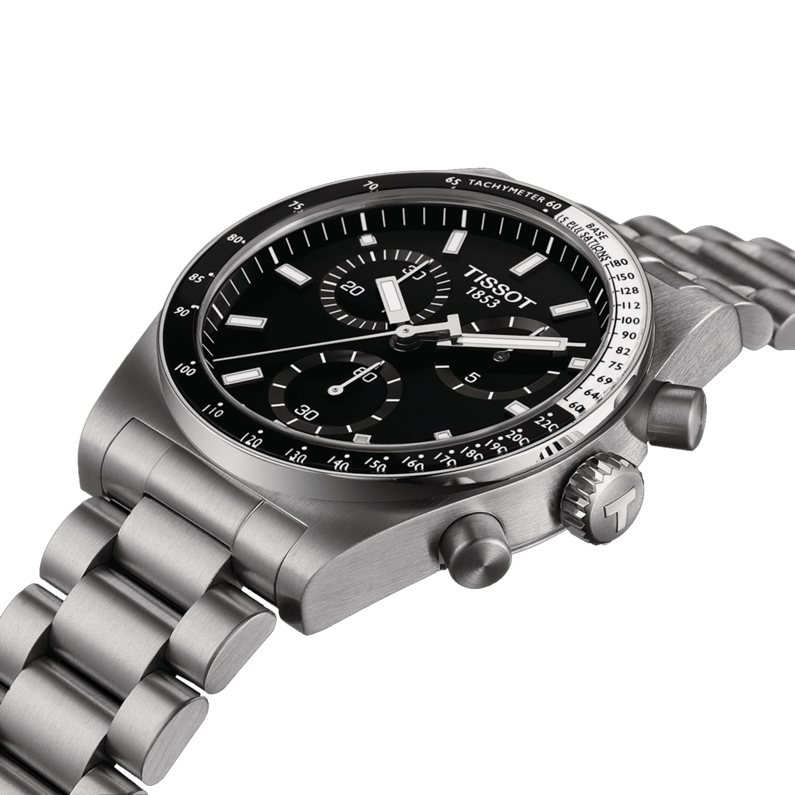 The Tissot PR516 Chronograph, featuring a black dial with silver indices, a stainless steel case, tachymeter bezel, and metal bracelet, is displayed at an angle.