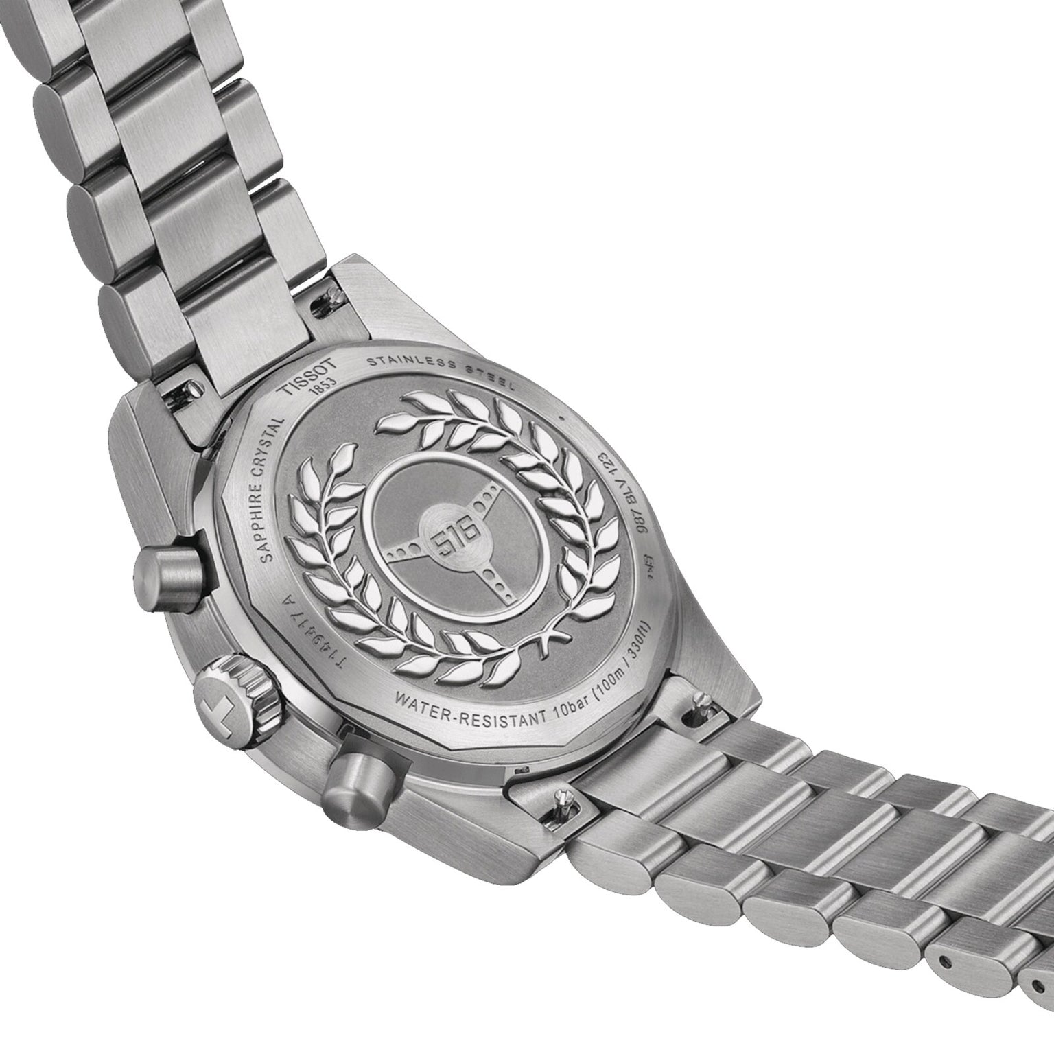 The image displays the stainless steel case back of the Tissot PR516 Chronograph, engraved with a laurel wreath, brand name, and water resistance details.