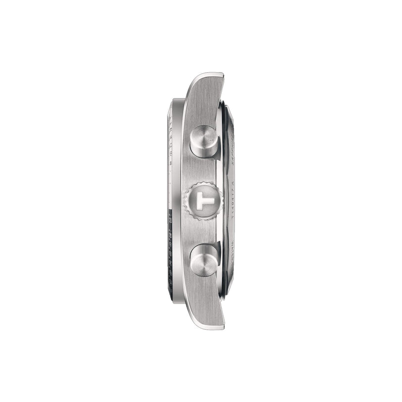 Side view of the Tissot PR516 Chronograph quartz watch in silver, featuring two pushers and a crown with the Tissot T logo, set against a plain white background.