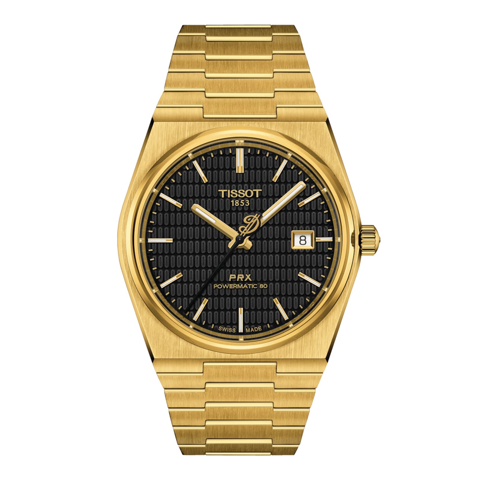 The Tissot PRX Powermatic 80 Damian Lillard Special Edition features a gold case, black textured dial, gold markers, date at 3 o’clock, and a sleek gold metal bracelet for true Dame Time style.