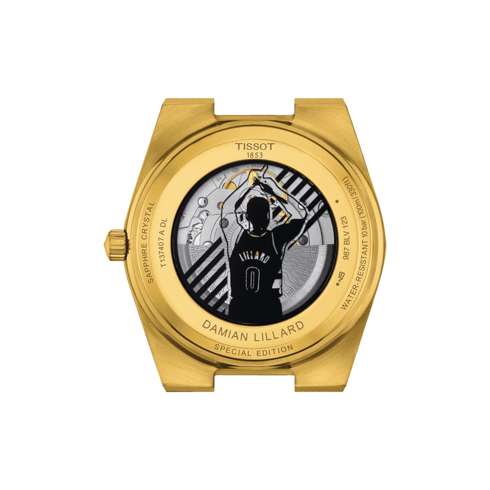 The Tissot PRX Powermatic 80 Damian Lillard Special Edition features a gold watch back engraved with a basketball player, Damian Lillards name and jersey number, plus Tissot branding and water resistance details.