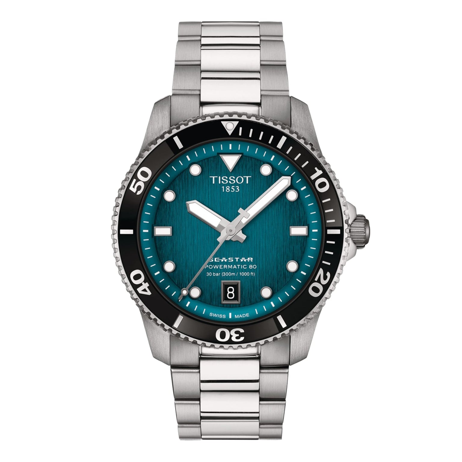 The Tissot Seastar 1000 Powermatic 80 is a stainless steel automatic watch with a teal dial, black bezel, silver Super-LumiNova® indices, date display at 6 o’clock, and comes on a metal link bracelet.