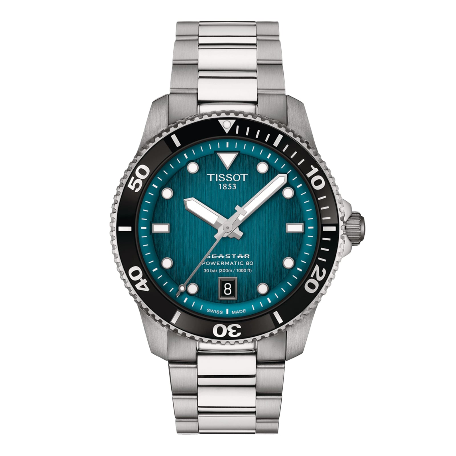 The Tissot Seastar 1000 Powermatic 80 is a stainless steel automatic watch with a teal dial, black bezel, silver Super-LumiNova® indices, date display at 6 o’clock, and comes on a metal link bracelet.