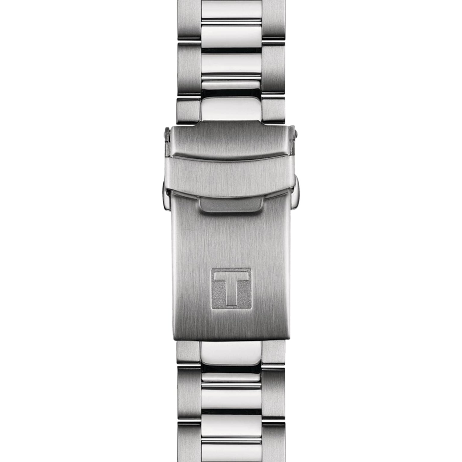 Close-up of a stainless steel bracelet clasp with an engraved T logo, designed to complement the Tissot Seastar 1000 Powermatic 80 automatic watch.
