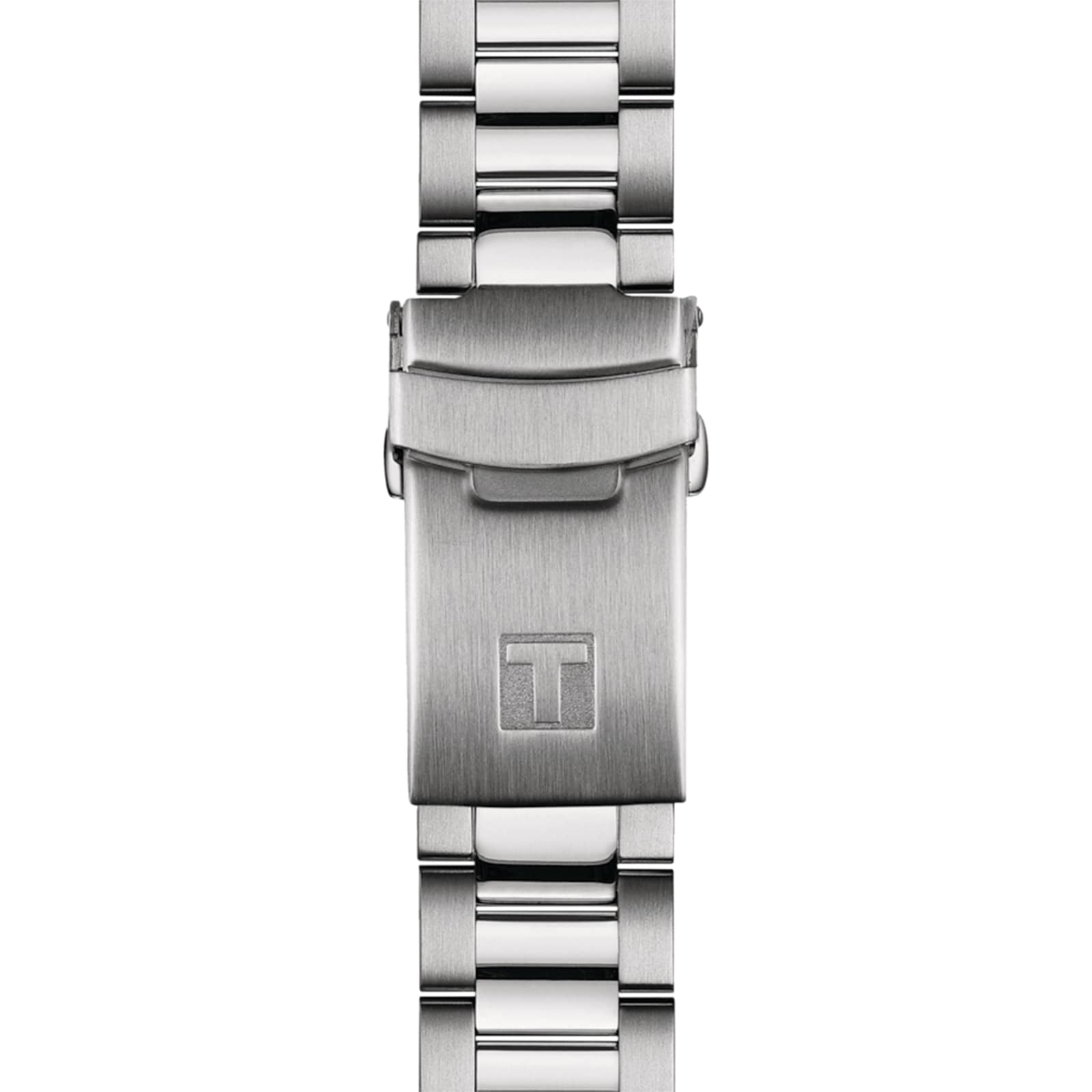Close-up of a stainless steel bracelet clasp with an engraved T logo, designed to complement the Tissot Seastar 1000 Powermatic 80 automatic watch.