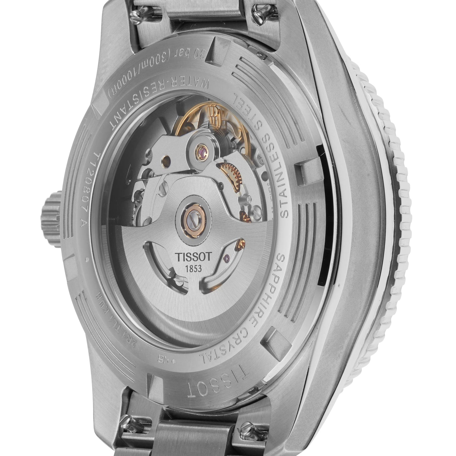 Close-up of the Tissot Seastar 1000 Powermatic 80, featuring its exposed movement and mechanical details through a transparent sapphire case back, accented with Super-LumiNova®.