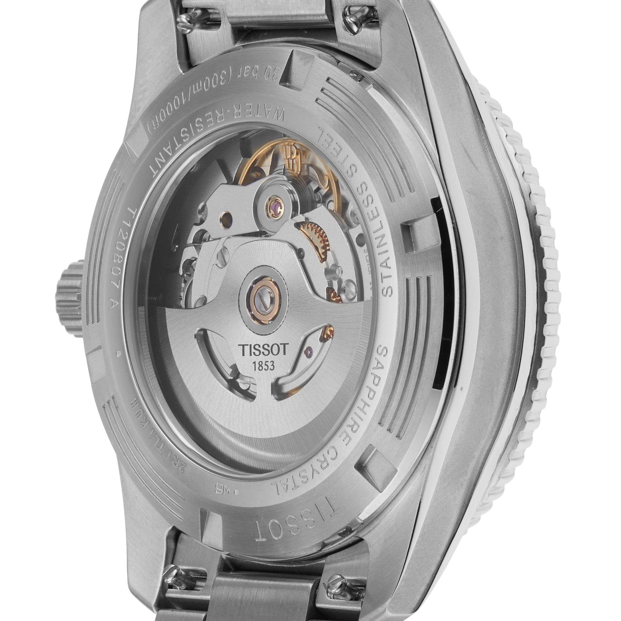 Close-up of the Tissot Seastar 1000 Powermatic 80, featuring its exposed movement and mechanical details through a transparent sapphire case back, accented with Super-LumiNova®.