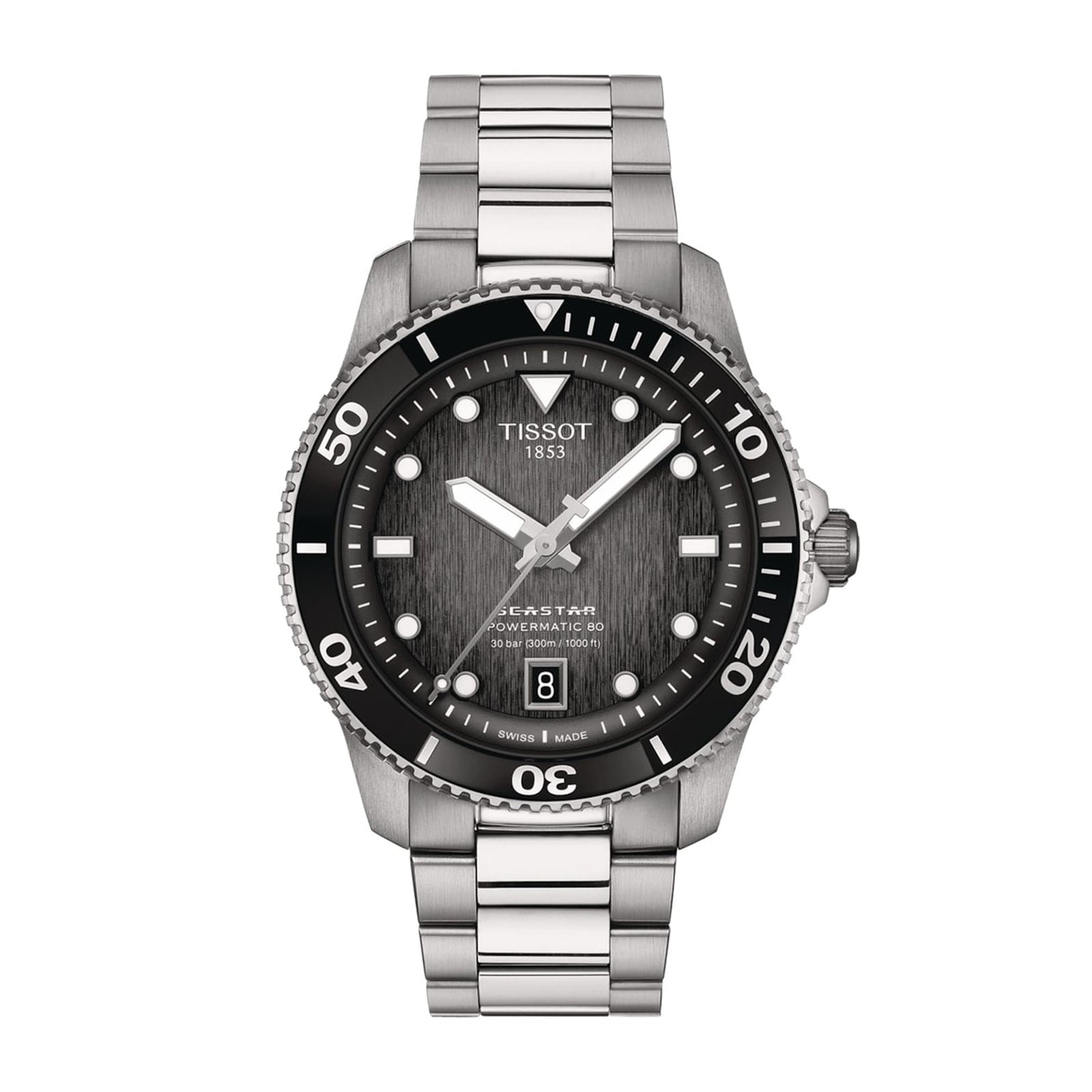 The Tissot Seastar 1000 Powermatic 80 is a stainless steel 40mm automatic watch with a black bezel and dial, luminous markers, date at 6 o’clock, and outstanding water resistance.