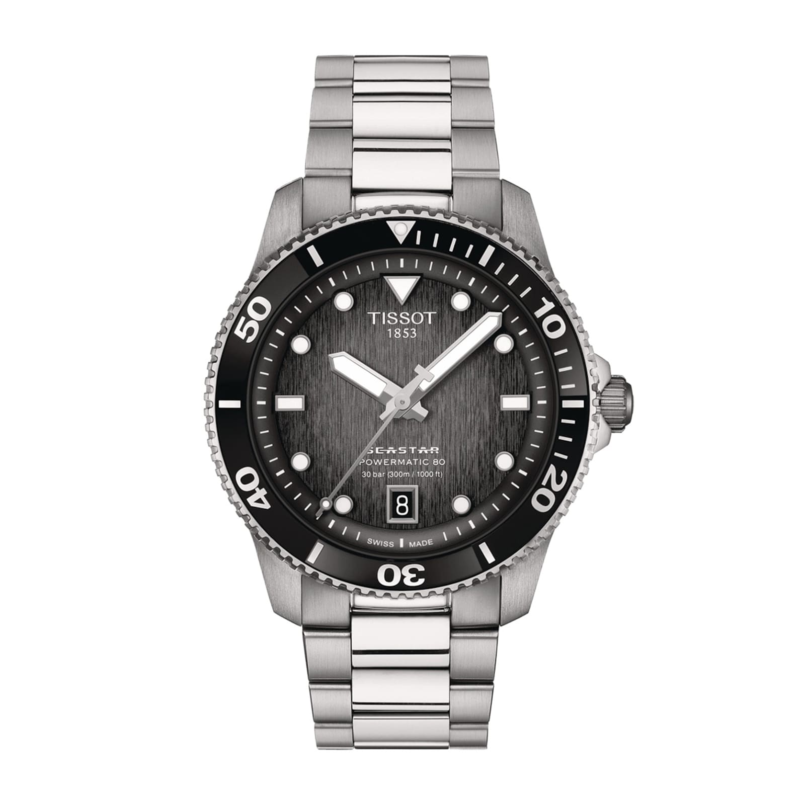 The Tissot Seastar 1000 Powermatic 80 is a stainless steel 40mm automatic watch with a black bezel and dial, luminous markers, date at 6 o’clock, and outstanding water resistance.