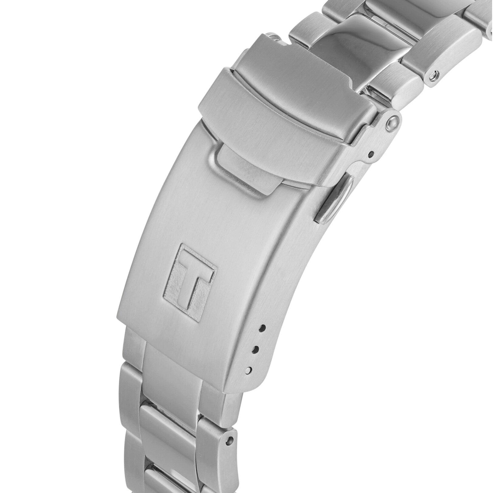 Close-up of the stainless steel clasp on the Tissot Seastar 1000 Powermatic 80, featuring a T engraved on the clasp.