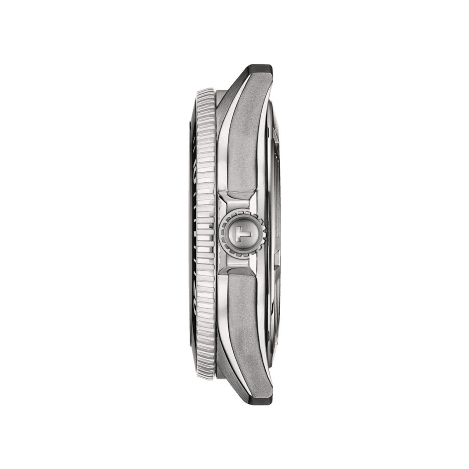 Side view of the Tissot Seastar 1000 Powermatic 80 silver wristwatch case with a textured crown, set against a white background.