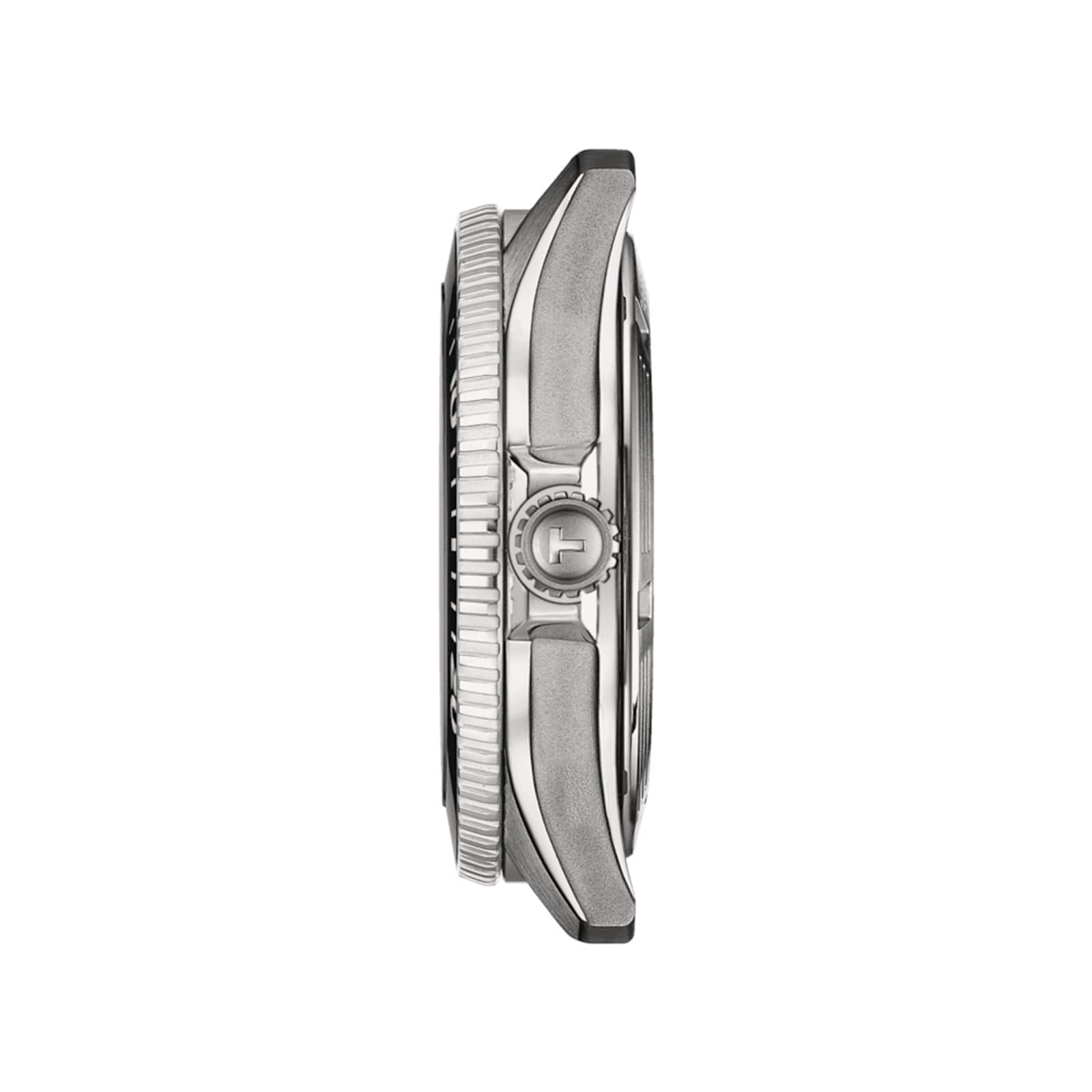 Side view of the Tissot Seastar 1000 Powermatic 80 silver wristwatch case with a textured crown, set against a white background.