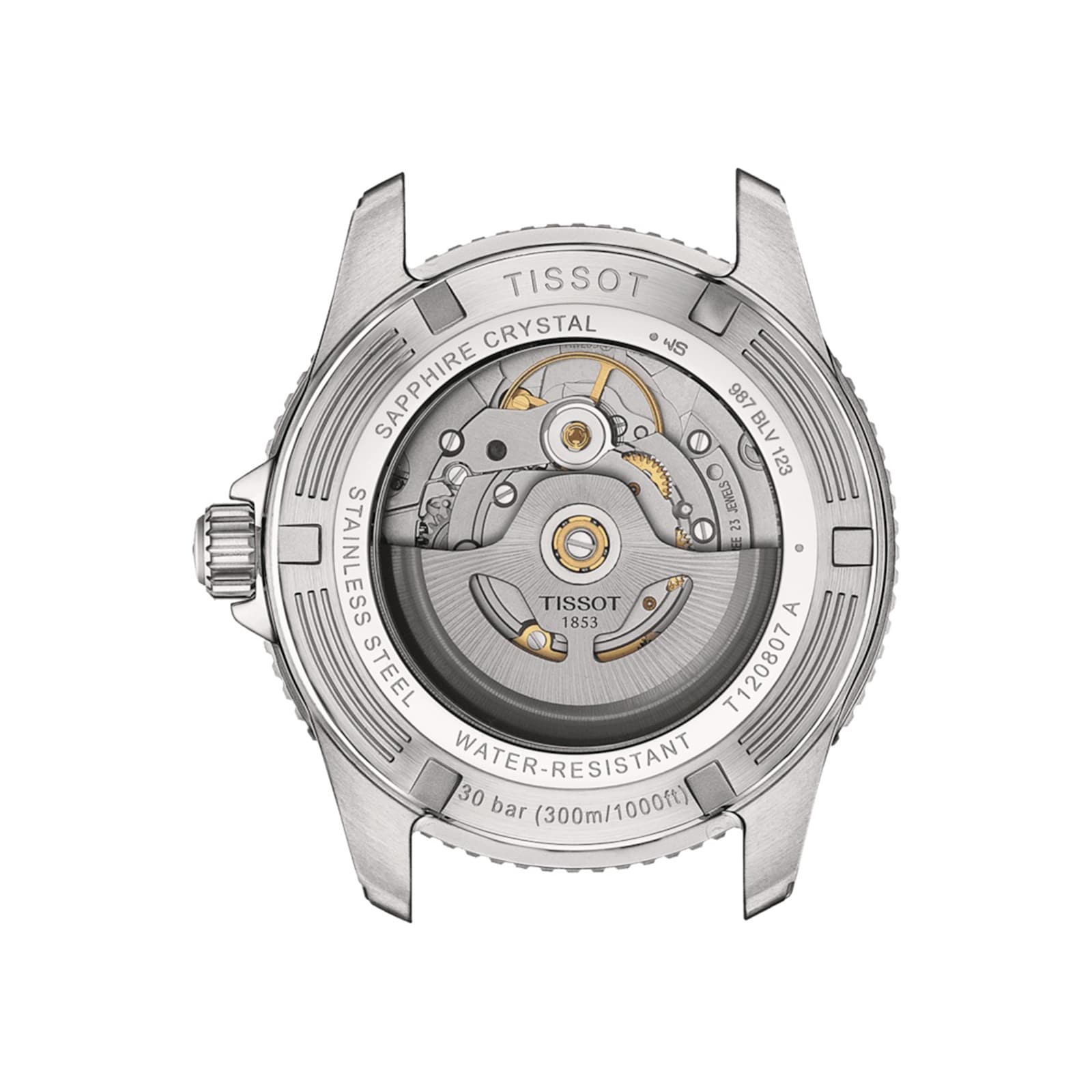 Back view of the Tissot Seastar 1000 Powermatic 80 watch displaying its exposed automatic movement and engraved case details.