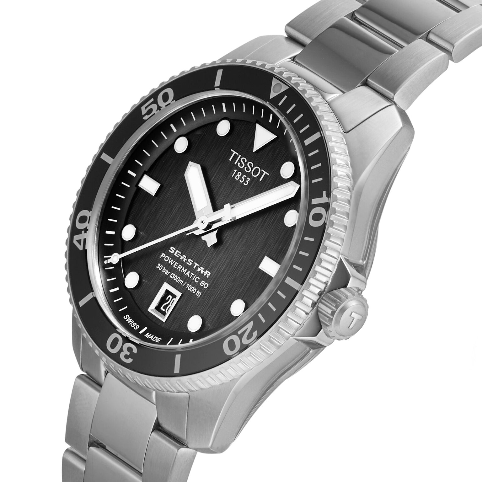 The Tissot Seastar 1000 Powermatic 80 features a stainless steel 40mm case, black dial with bold white indices, date at 6 o’clock, and excellent water resistance, shown at an angle.