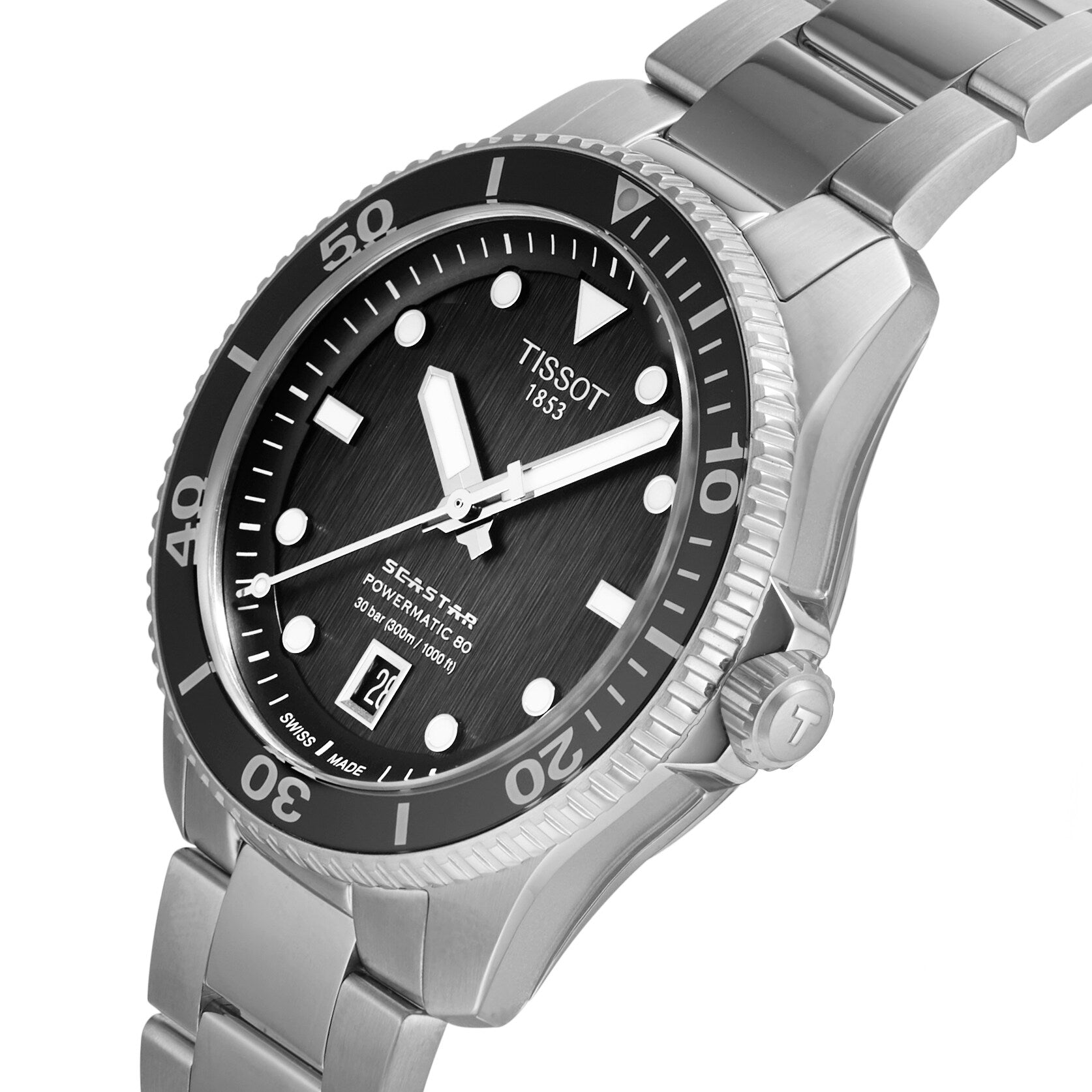 The Tissot Seastar 1000 Powermatic 80 features a stainless steel 40mm case, black dial with bold white indices, date at 6 o’clock, and excellent water resistance, shown at an angle.
