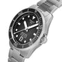 The Tissot Seastar 1000 Powermatic 80 features a stainless steel 40mm case, black dial with bold white indices, date at 6 o’clock, and excellent water resistance, shown at an angle.