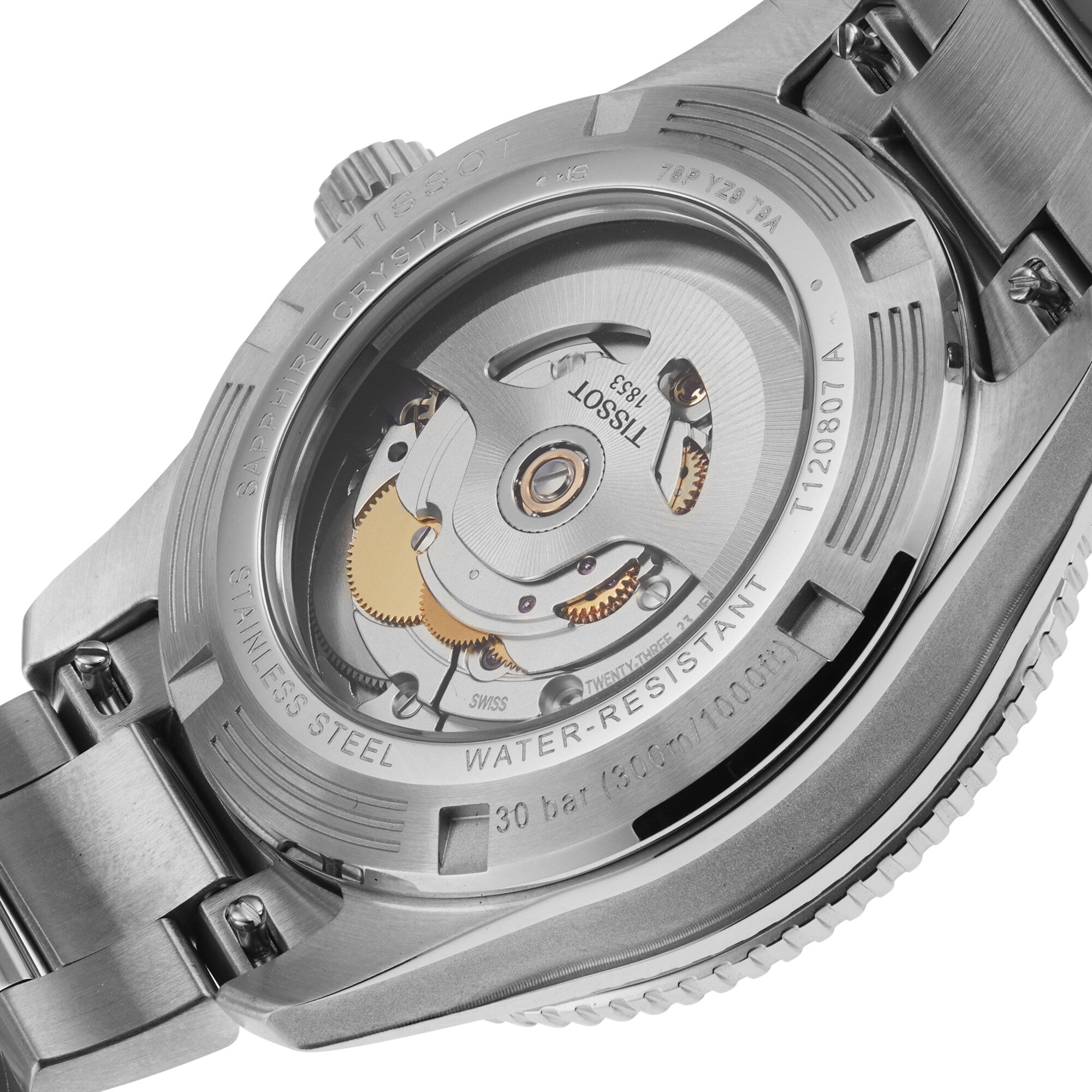 Close-up of the Tissot Seastar 1000 Powermatic 80’s caseback, highlighting its stainless steel build, visible movement, and a water resistance rating of 30 bar (300m/1000ft).