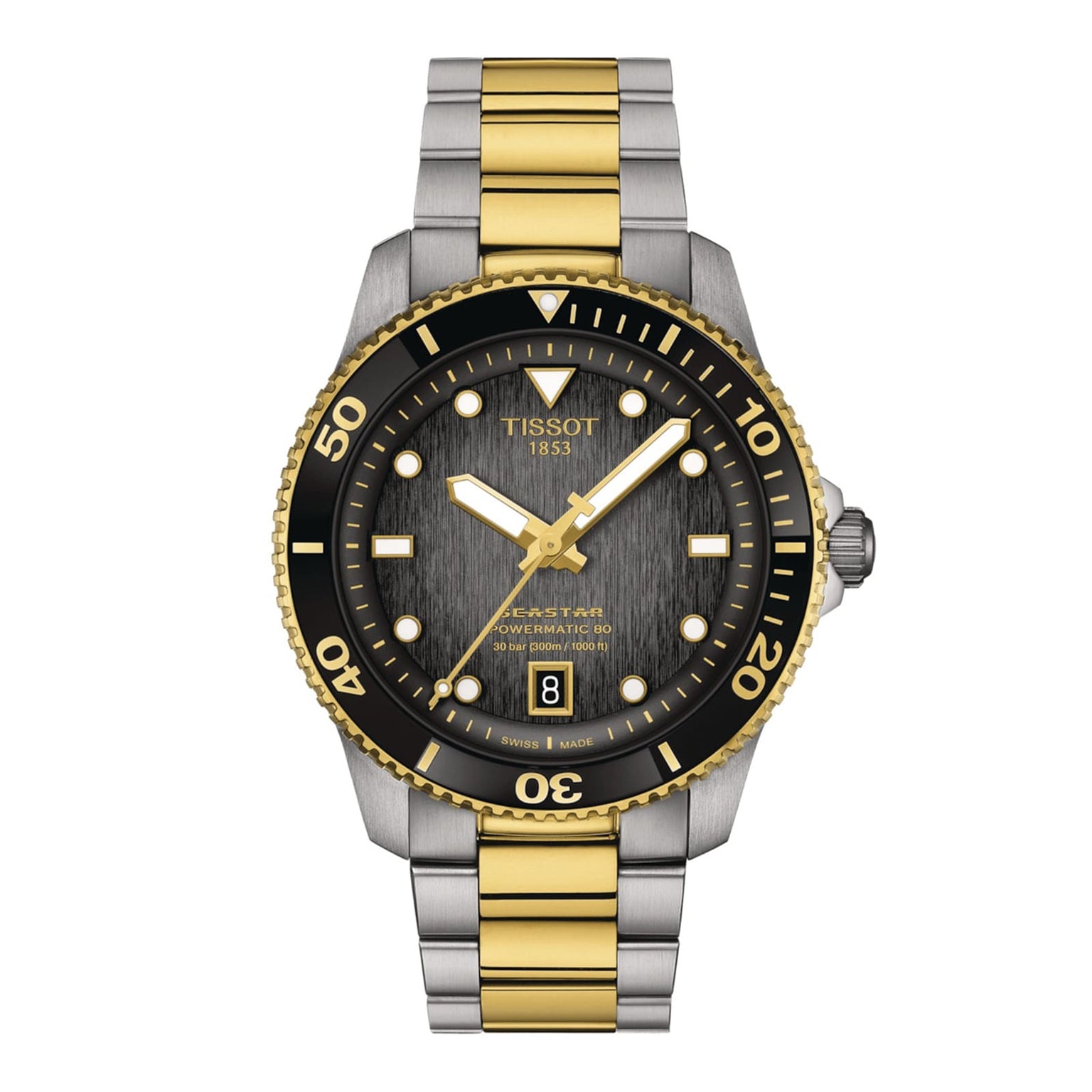 The Tissot Seastar 1000 Powermatic 80 features a two-tone gold and silver bracelet, black bezel, round dial with date at 6 oclock, and luminous hands and markers enhanced by Super-LumiNova.