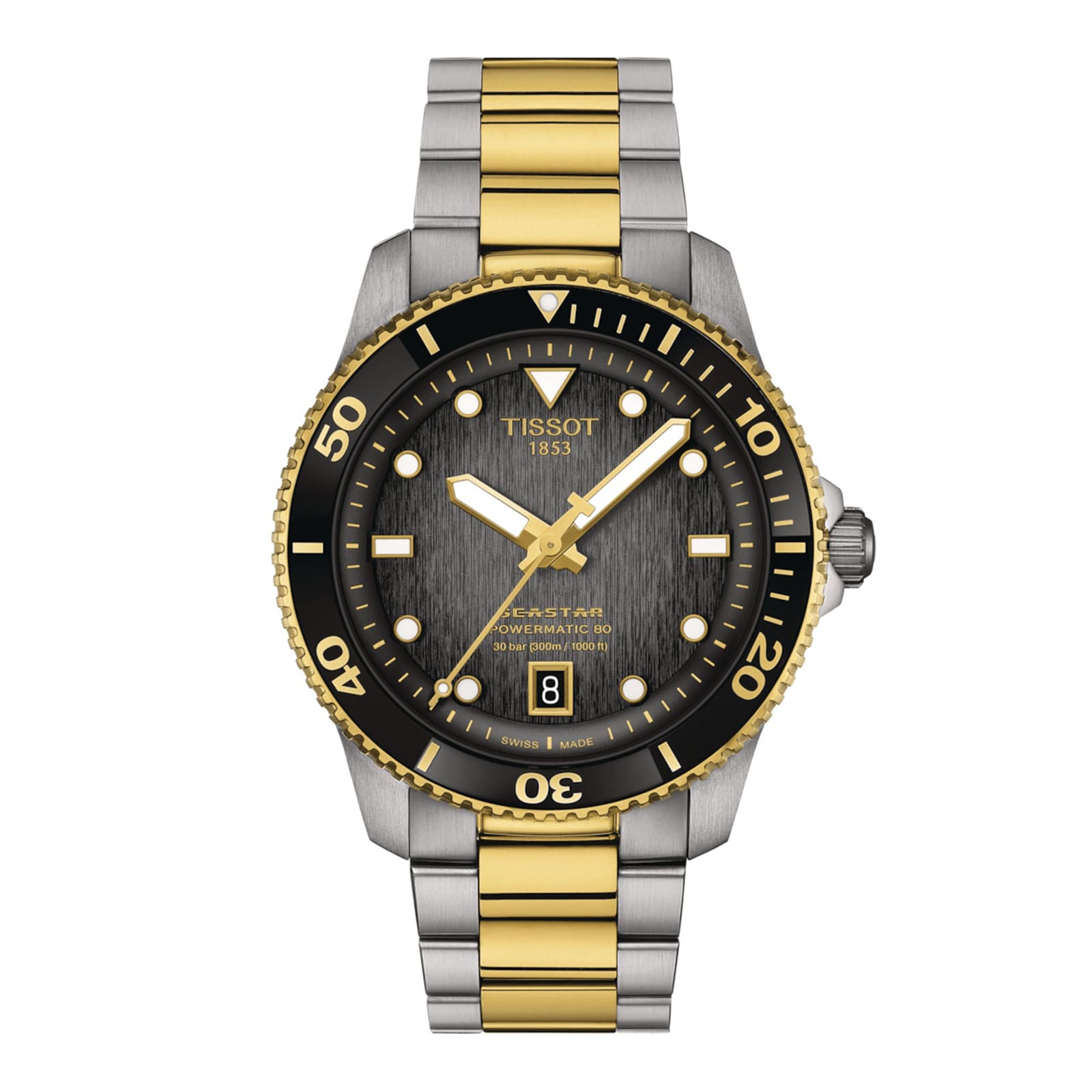 The Tissot Seastar 1000 Powermatic 80 features a two-tone gold and silver bracelet, black bezel, round dial with date at 6 oclock, and luminous hands and markers enhanced by Super-LumiNova.
