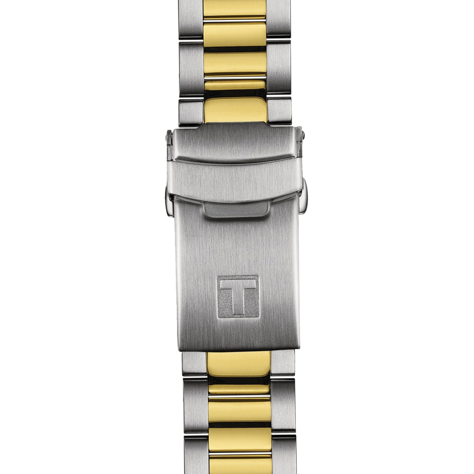Close-up of the Tissot Seastar 1000 Powermatic 80’s two-tone metal bracelet with a fold-over clasp, featuring an engraved T logo.