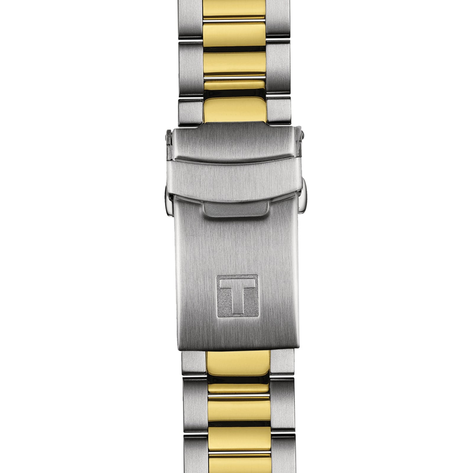 Close-up of the Tissot Seastar 1000 Powermatic 80’s two-tone metal bracelet with a fold-over clasp, featuring an engraved T logo.
