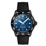 The Tissot Seastar 1000 Powermatic 80 is an automatic watch with a blue gradient dial, black bezel, date at 6 o’clock, and a textured black strap.