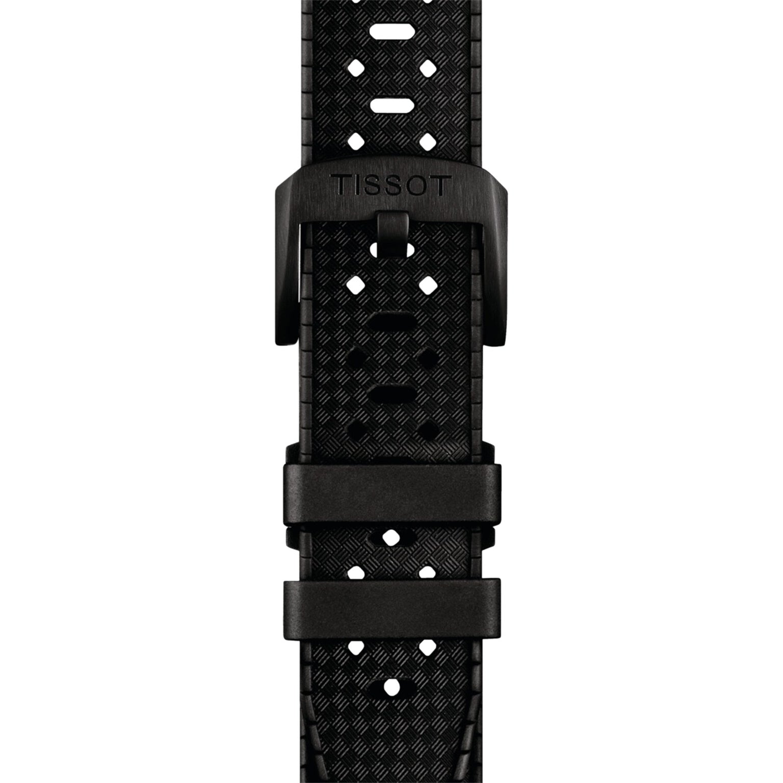 Black Tissot Seastar 1000 Powermatic 80 watch strap with a textured pattern, perforated holes, and a black metal buckle shown from above—ideal for upgrading your Tissot automatic timepiece.