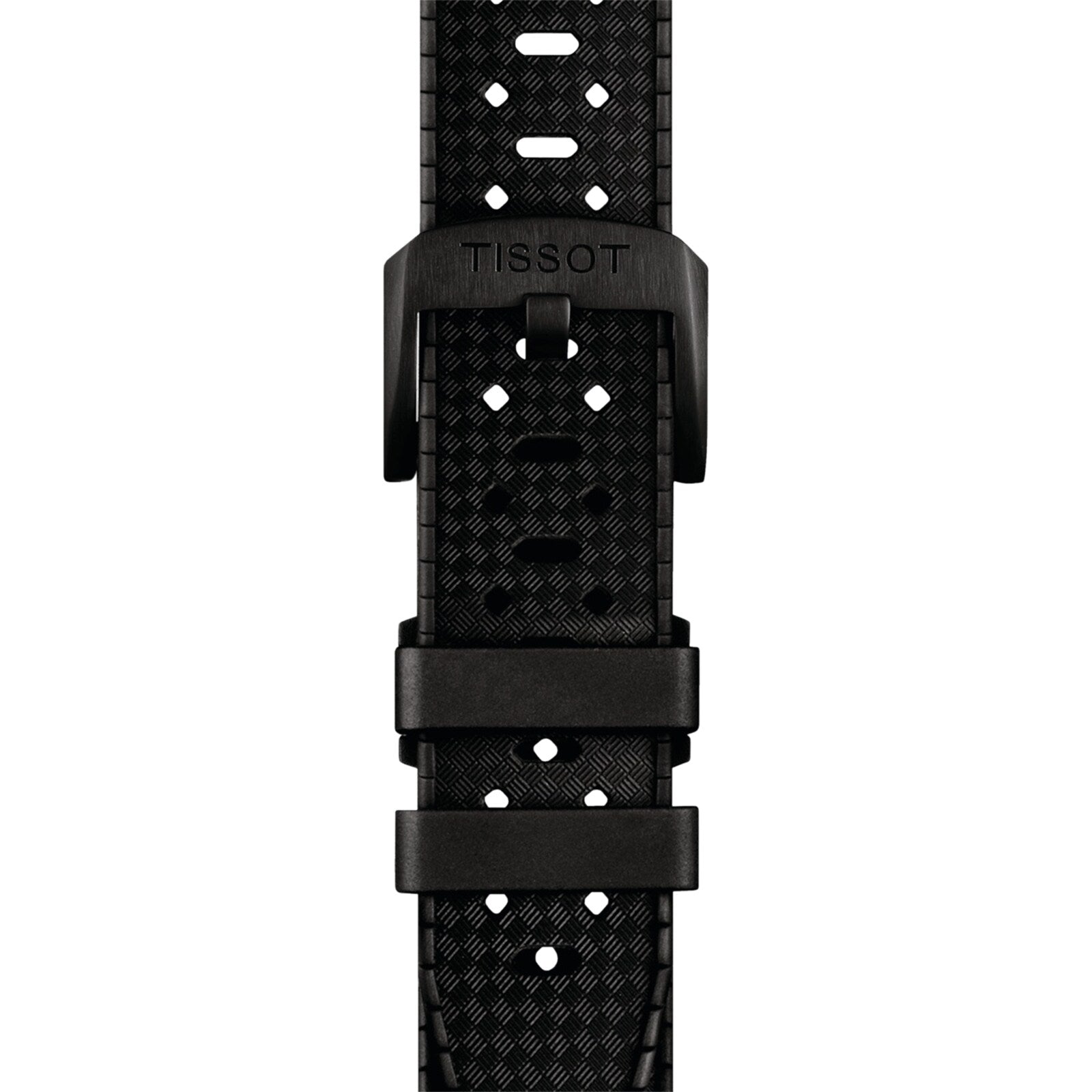 Black Tissot Seastar 1000 Powermatic 80 watch strap with a textured pattern, perforated holes, and a black metal buckle shown from above—ideal for upgrading your Tissot automatic timepiece.