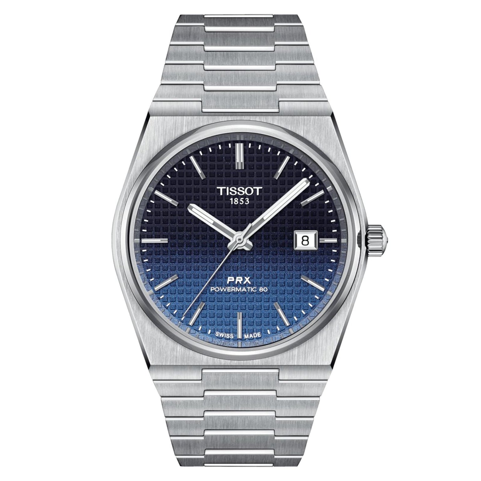 The Tissot PRX Powermatic 80 features automatic movement, a stainless steel case and bracelet, blue textured dial, silver hour markers, sapphire crystal, and a date window at 3 o’clock.
