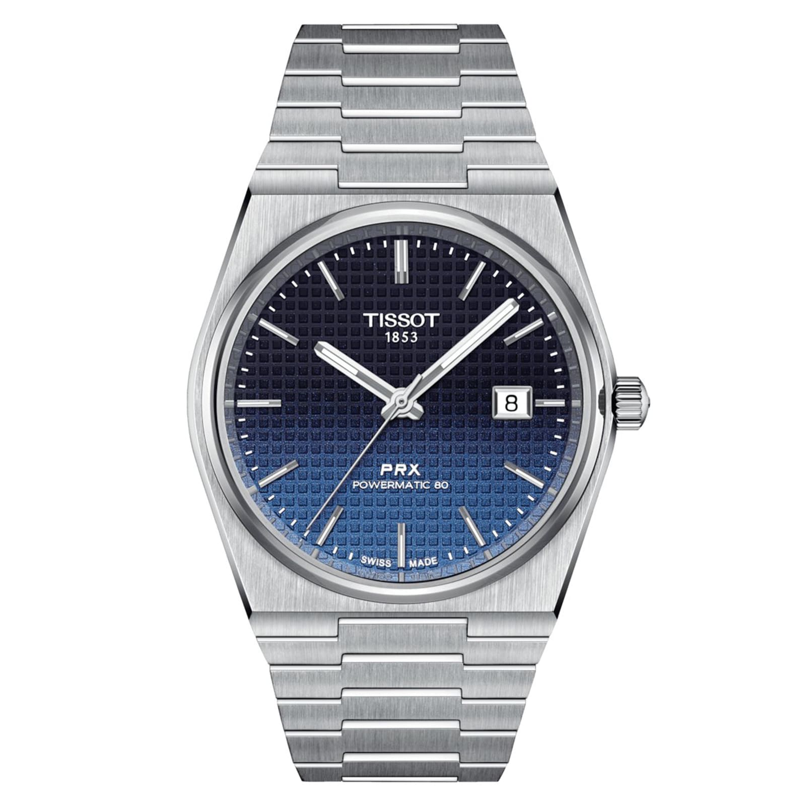 The Tissot PRX Powermatic 80 features automatic movement, a stainless steel case and bracelet, blue textured dial, silver hour markers, sapphire crystal, and a date window at 3 o’clock.